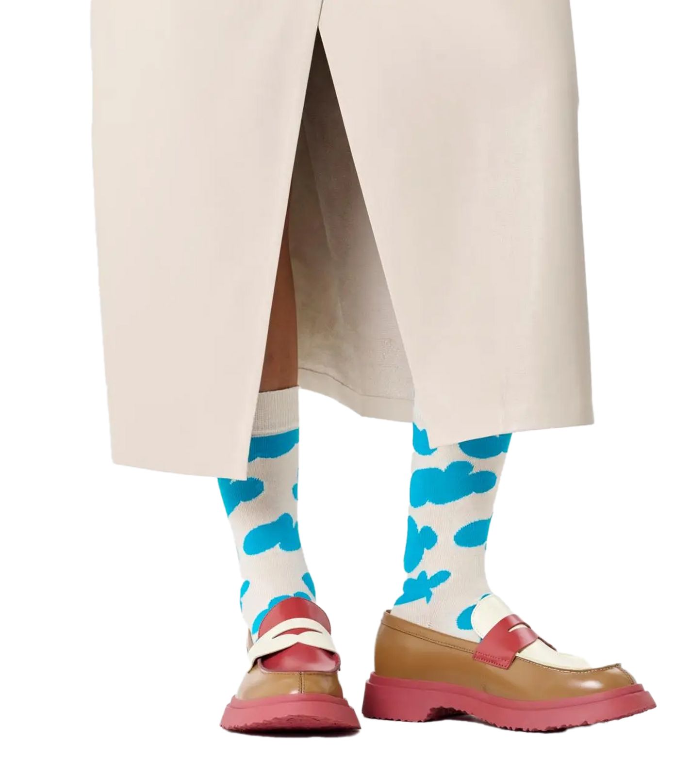 1 Paar Happy Socks Cloudy Unisex Socken mit Allover Wolken-Print Baumwoll-Socken Alltags-Strümpfe P002588 Ecru-Weiß/Blau