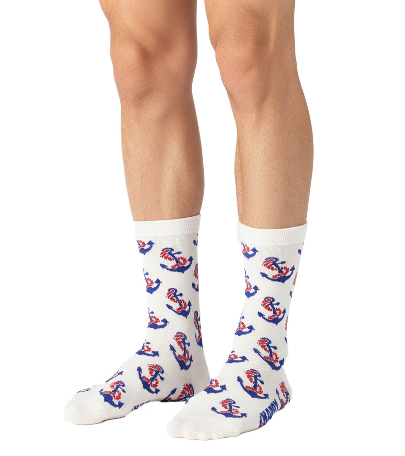 1 Paar Happy Socks Happy Anchor Damen Socken mit Allover Anker-Print Baumwoll-Socken Alltags-Strümpfe P002598 Weiß/Blau