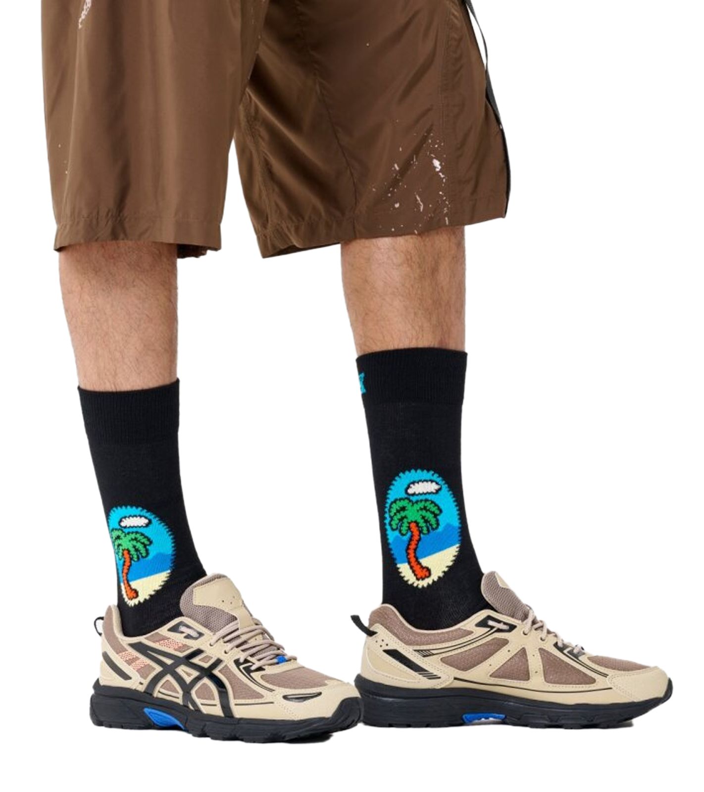 1 Paar Happy Socks Palm Herren Socken mit Palmen-Print Baumwoll-Socken Alltags-Strümpfe P002603 Schwarz/Bunt