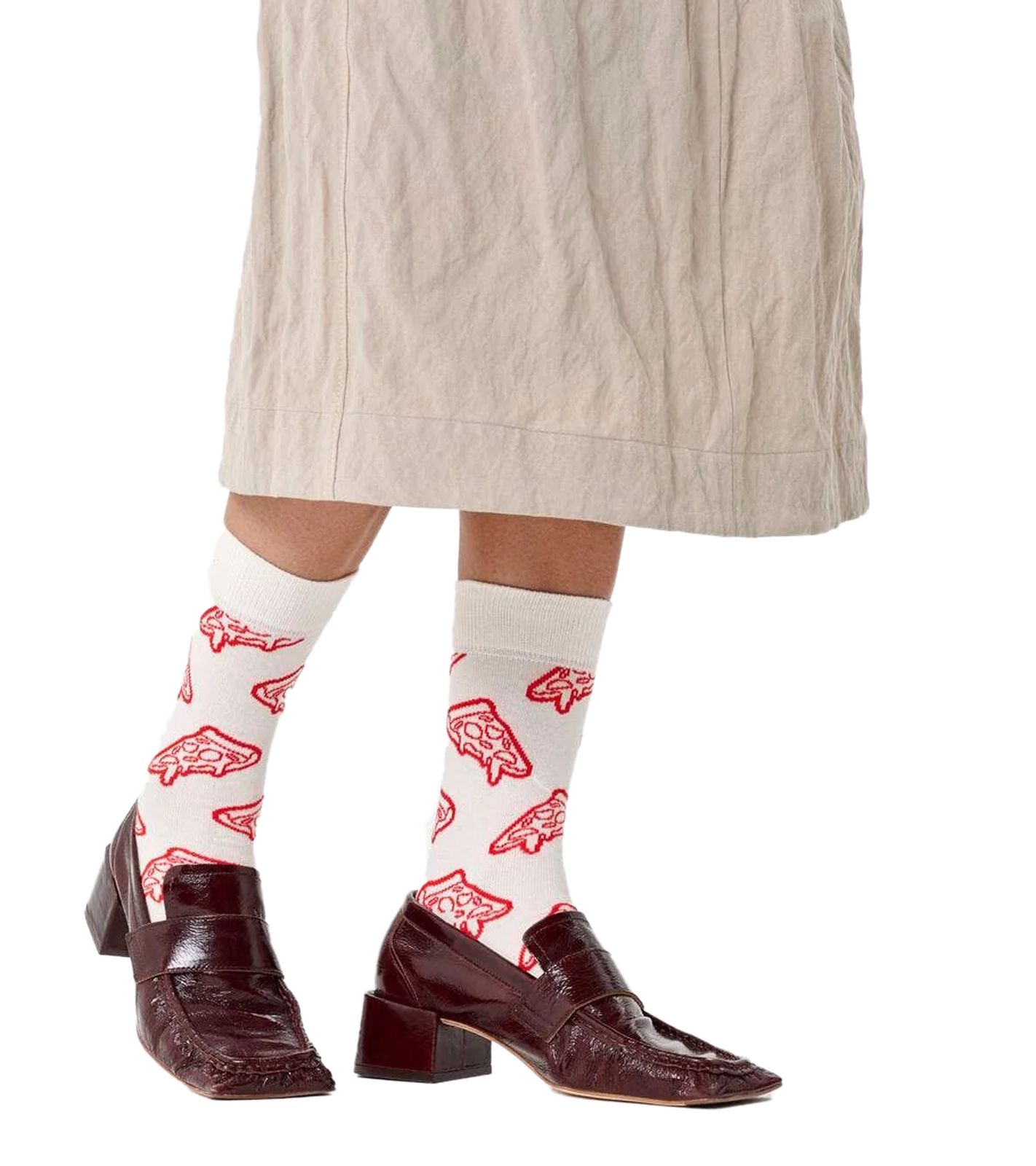 1 Paar Happy Socks Pizza Damen Socken mit Allover Pizza-Print Baumwoll-Socken Alltags-Strümpfe P002574 Ecru-Weiß/Rot
