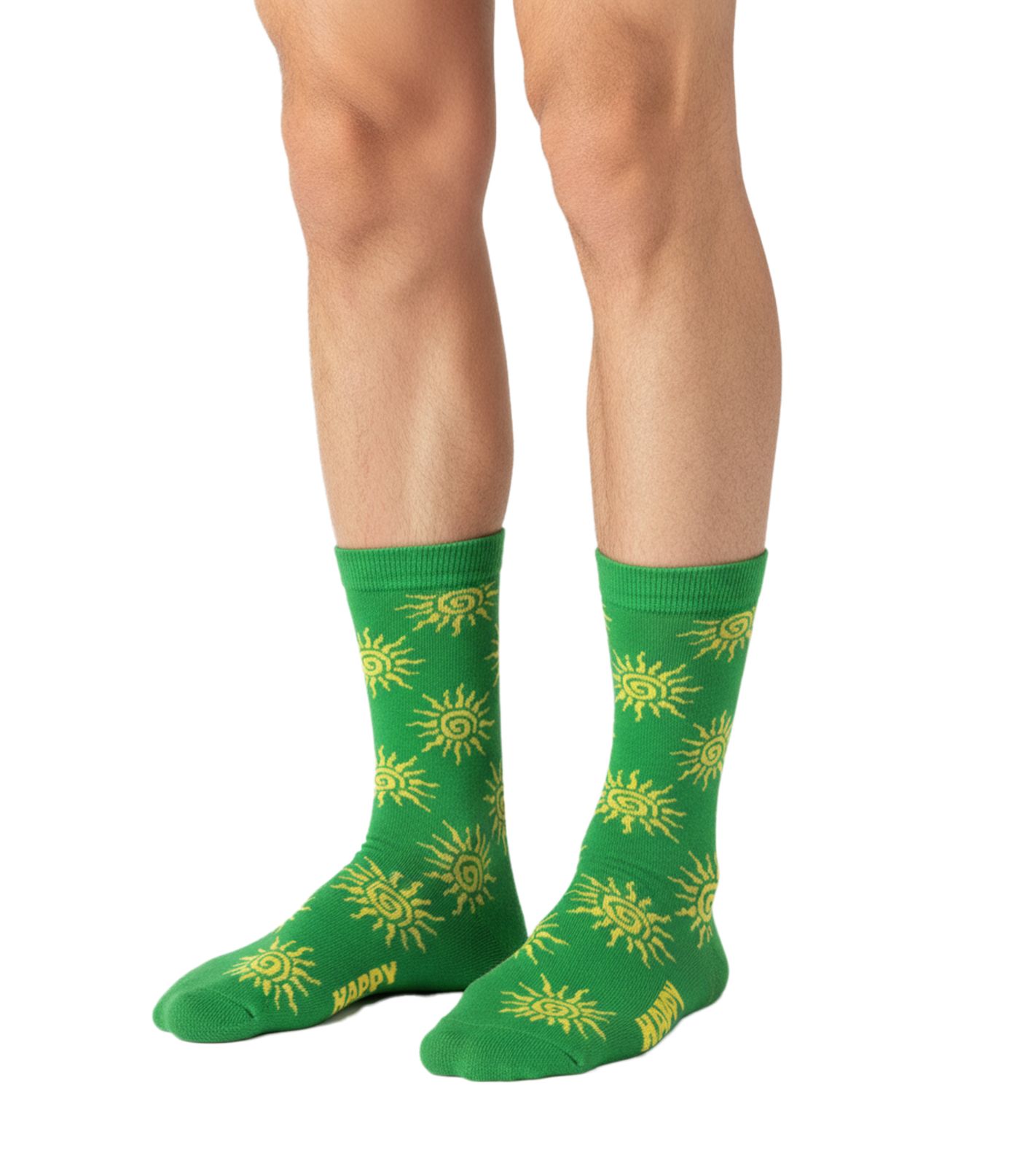 1 Paar Happy Socks Sun Herren Socken mit Sonnen-Allover-Print Baumwoll-Socken Alltags-Strümpfe P002607 Grün/Gelb