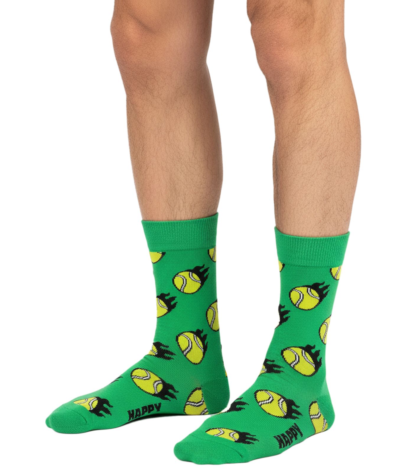 1 Paar Happy Socks Tennis Ball Sock Herren Socken mit Allover Tennisbällen-Print Baumwoll-Socken Alltags-Strümpfe P002587 Grün/Gelb/Schwarz