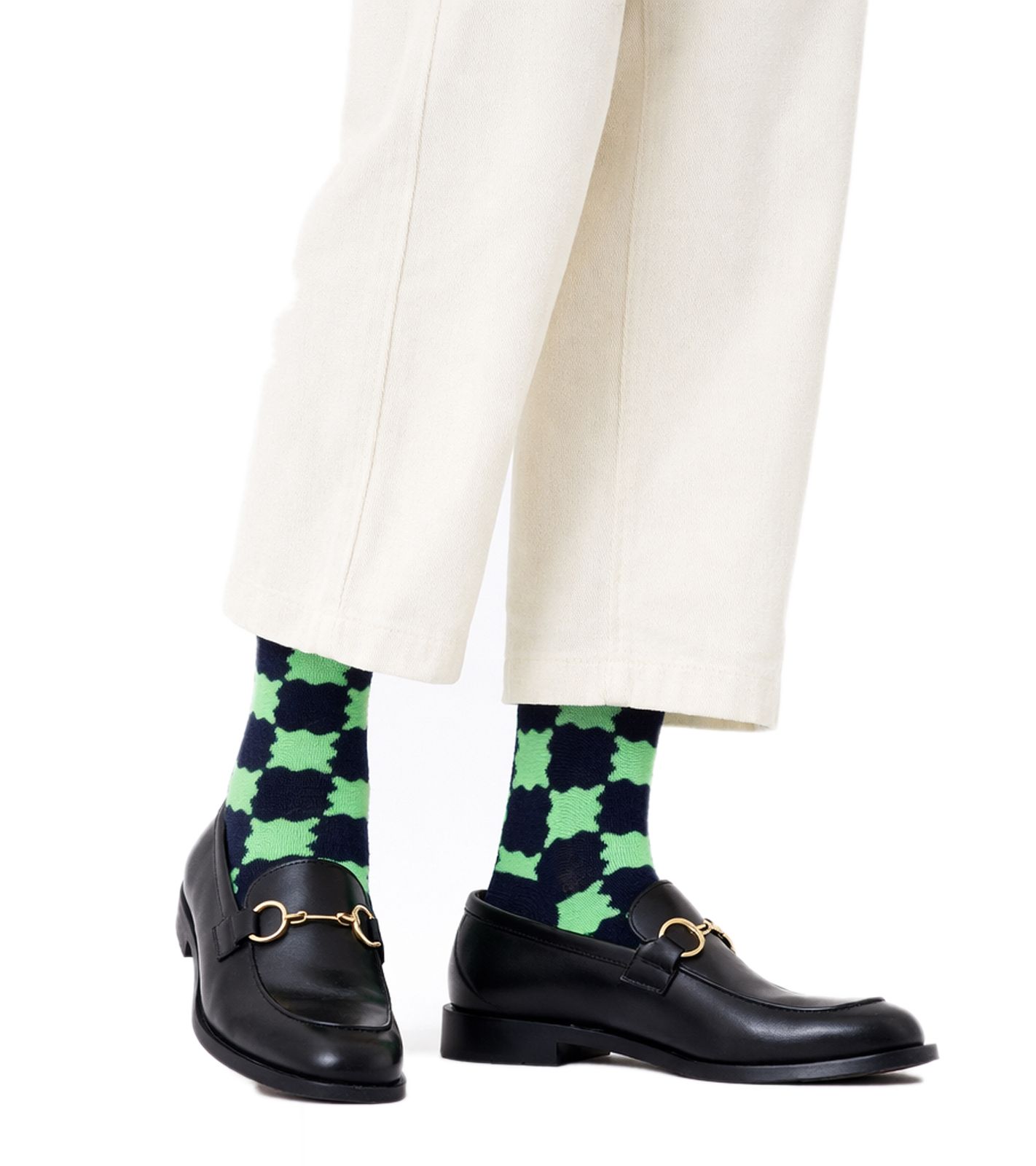 1 Paar Happy Socks Wobbly Check Sock Unisex Socken mit Wackelkaros-Print Baumwoll-Socken Alltags-Strümpfe P002616 Marineblau/Grün