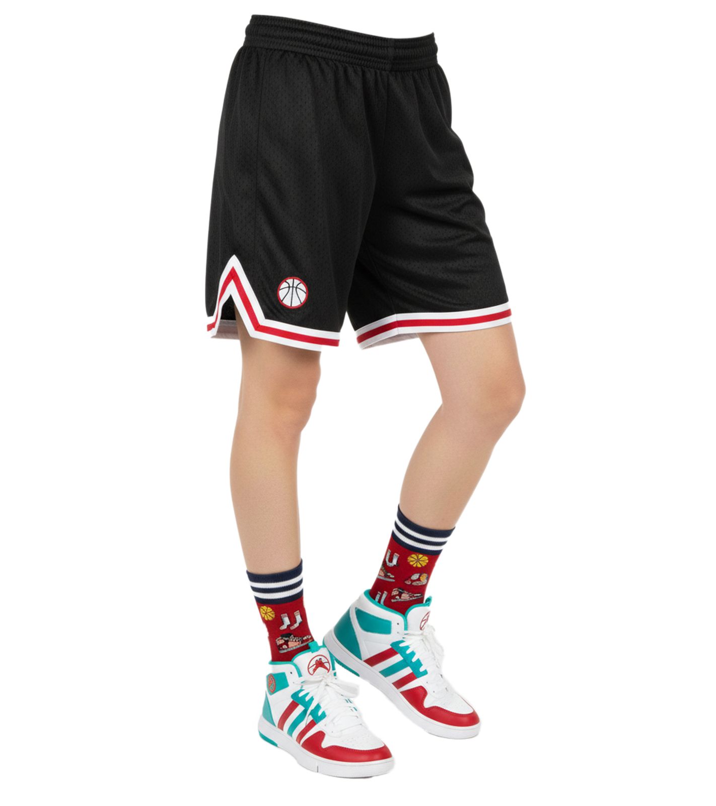 1 Paar Moustard Basketball Baumwoll-Socken mit Basketball Motiven gemusterte lange Strümpfe 17S-BASKET Rot/Schwarz/Bunt