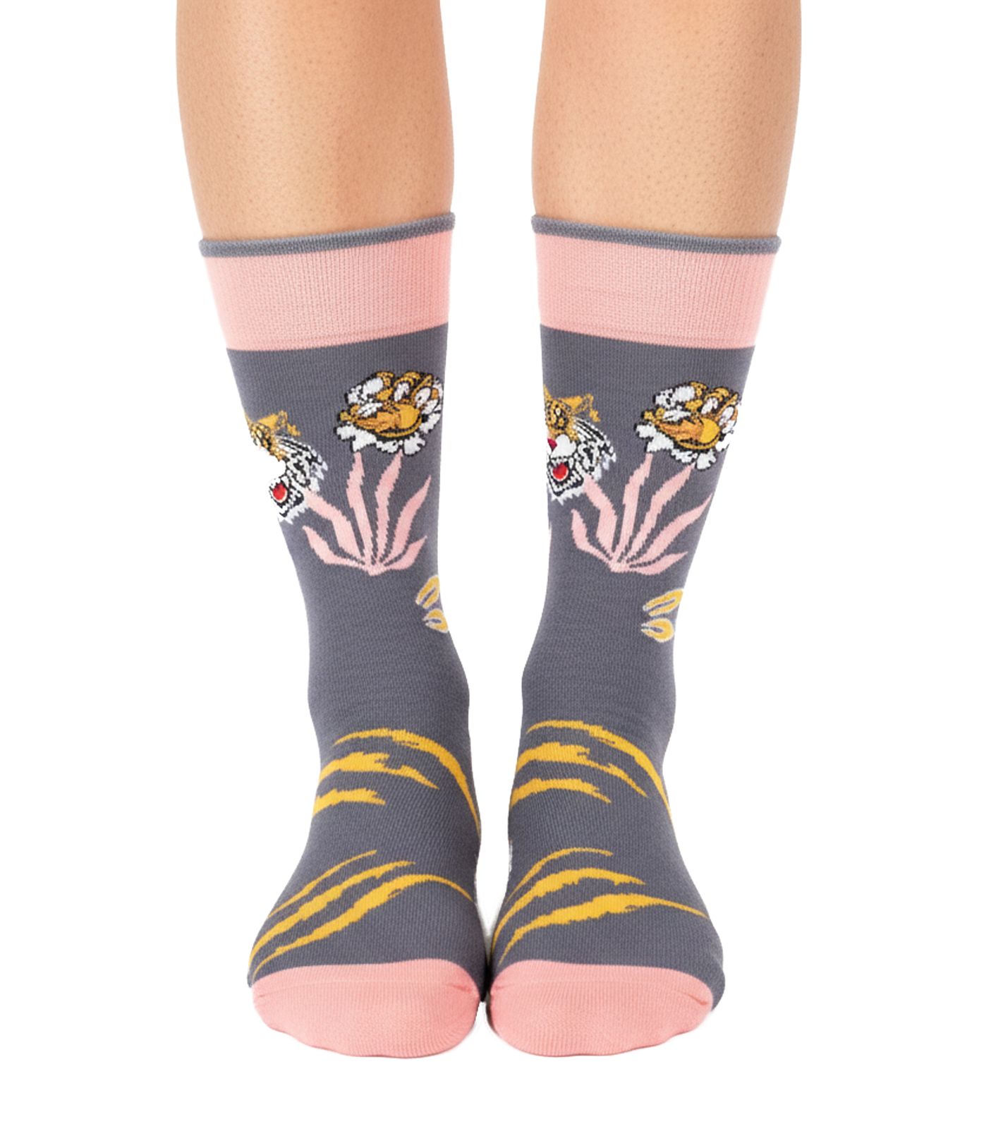 1 Paar Moustard Bengal Baumwoll-Socken mit bengalischem Tiger gemusterte lange Strümpfe 22S-BENGAL Grau/Rosa