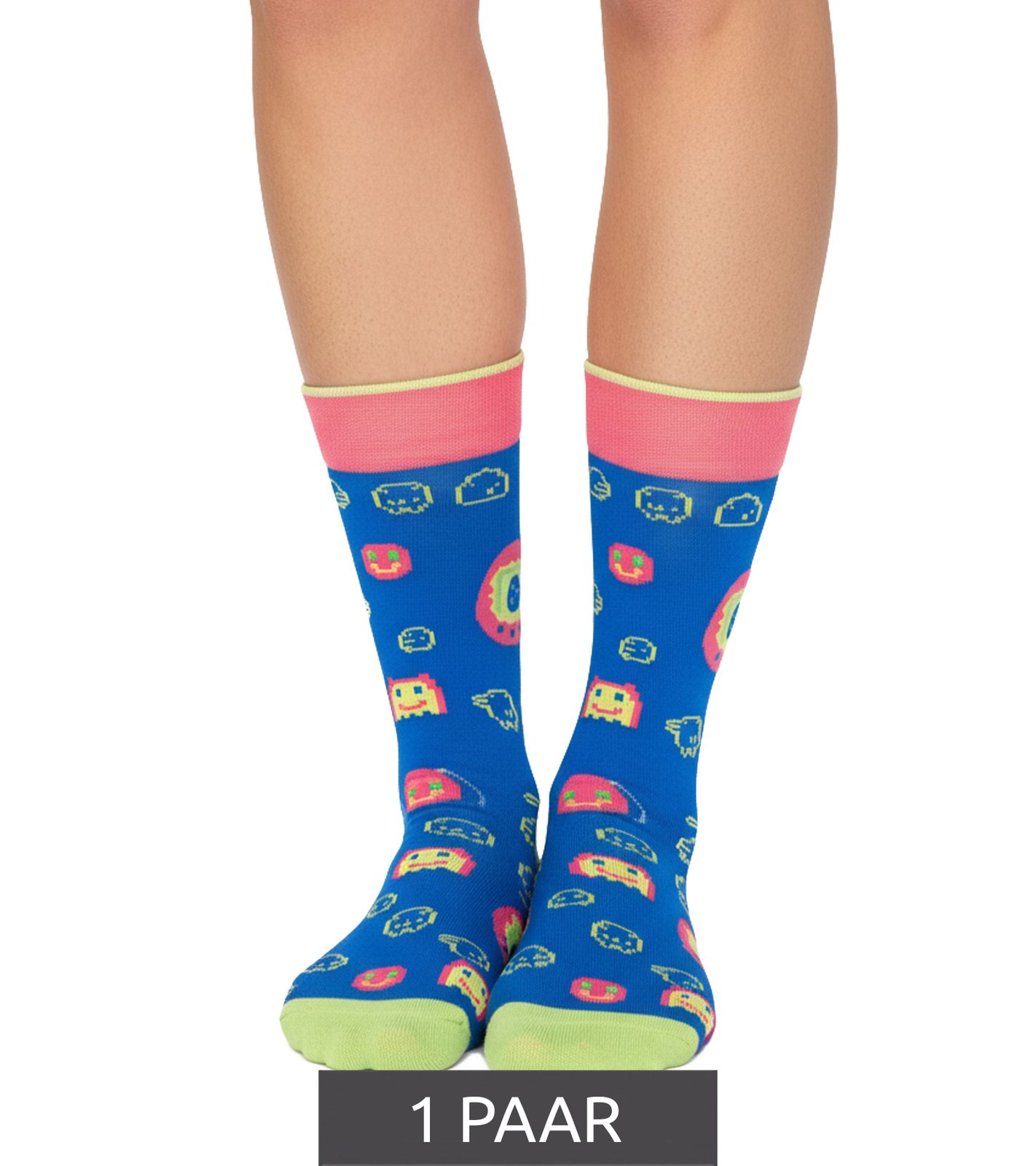1 Paar Moustard Digipet Baumwoll-Socken Tamagotchi Design Retro-Gameplay gemusterte lange Strümpfe 22S-DIGI Dunkelblau/Rosa/Gelb