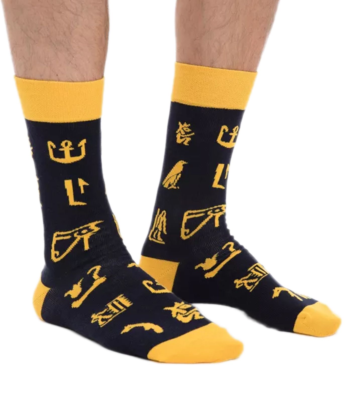1 Paar Moustard Hieroglyphs Baumwoll-Socken mit Ägyptische Hieroglyphen gemusterte lange Strümpfe 20S-HIERO Gelb/Schwarz