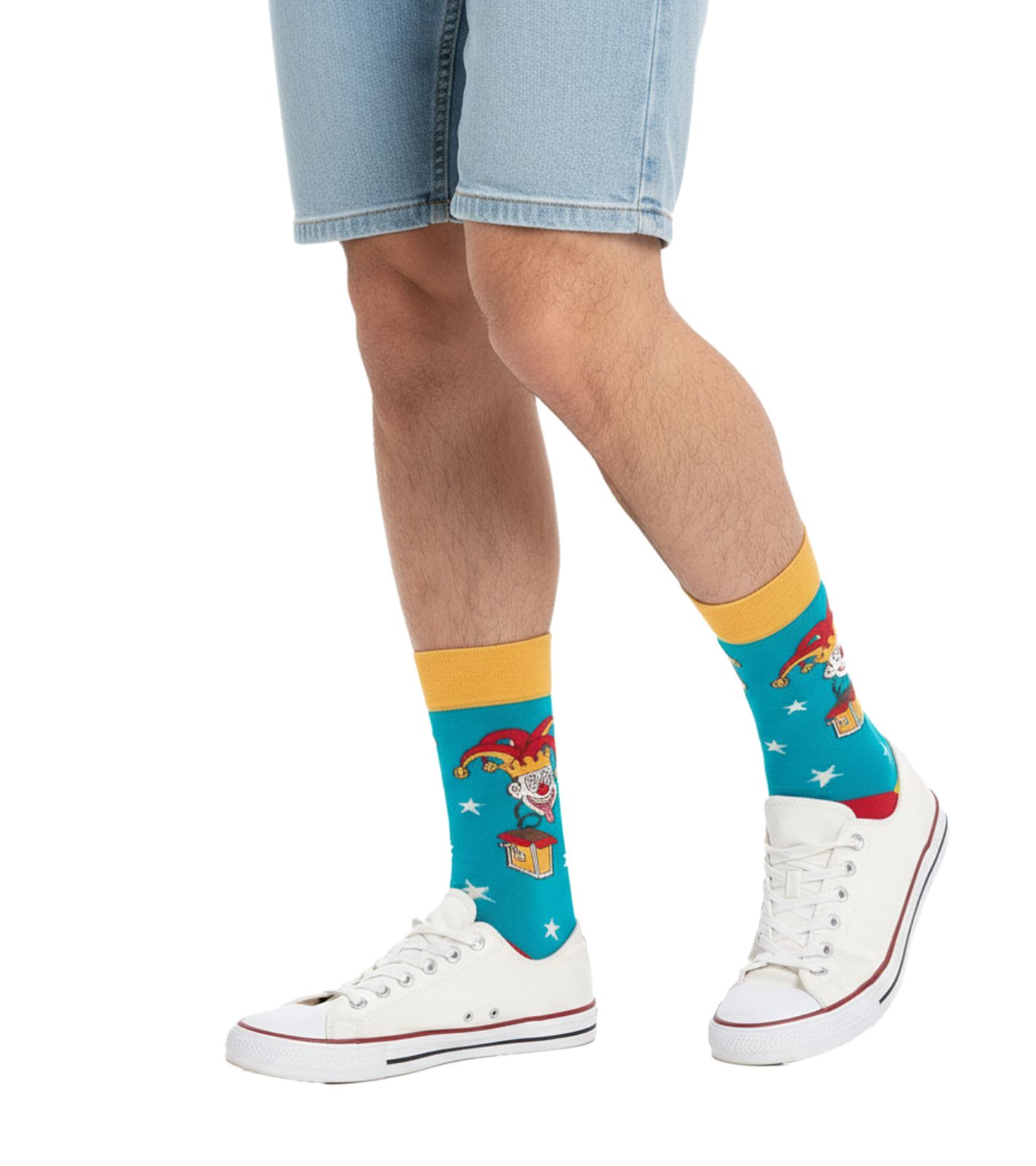 1 Paar Moustard Jack in the Box Baumwoll-Socken Schachtel-Teufel Design gestreifte lange Strümpfe 20S-JACK Rot/Gelb/Blau