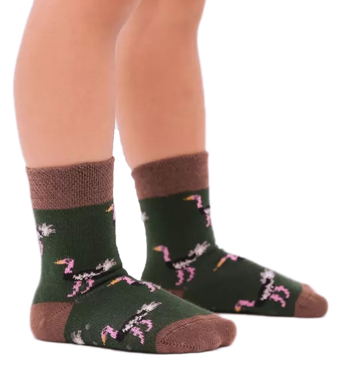 1 Paar Moustard Kinder Baumwoll-Socken mit Straußen Allover-Print gemusterte Stopper-Socken Baby-Socken 20S-OSTR-1224 Hellbraun/Grün/Rosa