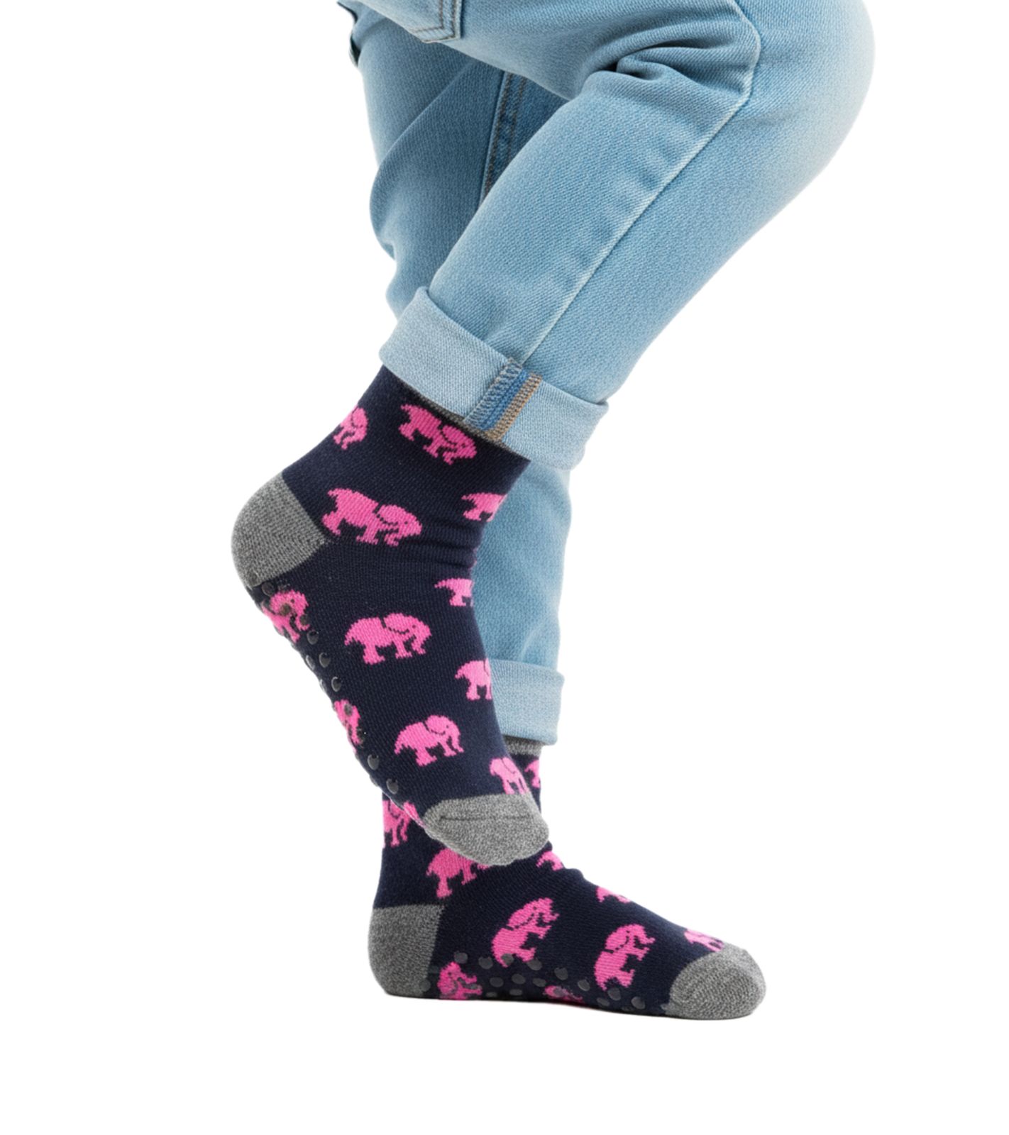 1 Paar Moustard Kinder-Socken aus Baumwolle Stopper-Socken mit Elefanten-Print Kleinkinder-Socken 20S-ELEP Schwarz/Rosa/Grau