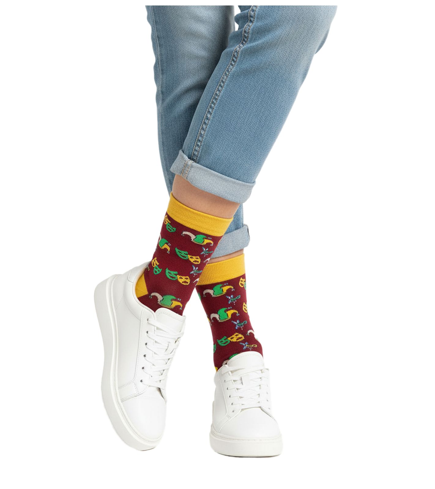 1 Paar Moustard Mardi Grass Herren Baumwoll-Socken mit Harlekin und Narrenkappen Allover-Print gemusterte lange Strümpfe 17S-MGRASS-M Gelb/Dunkelrot/Gelb