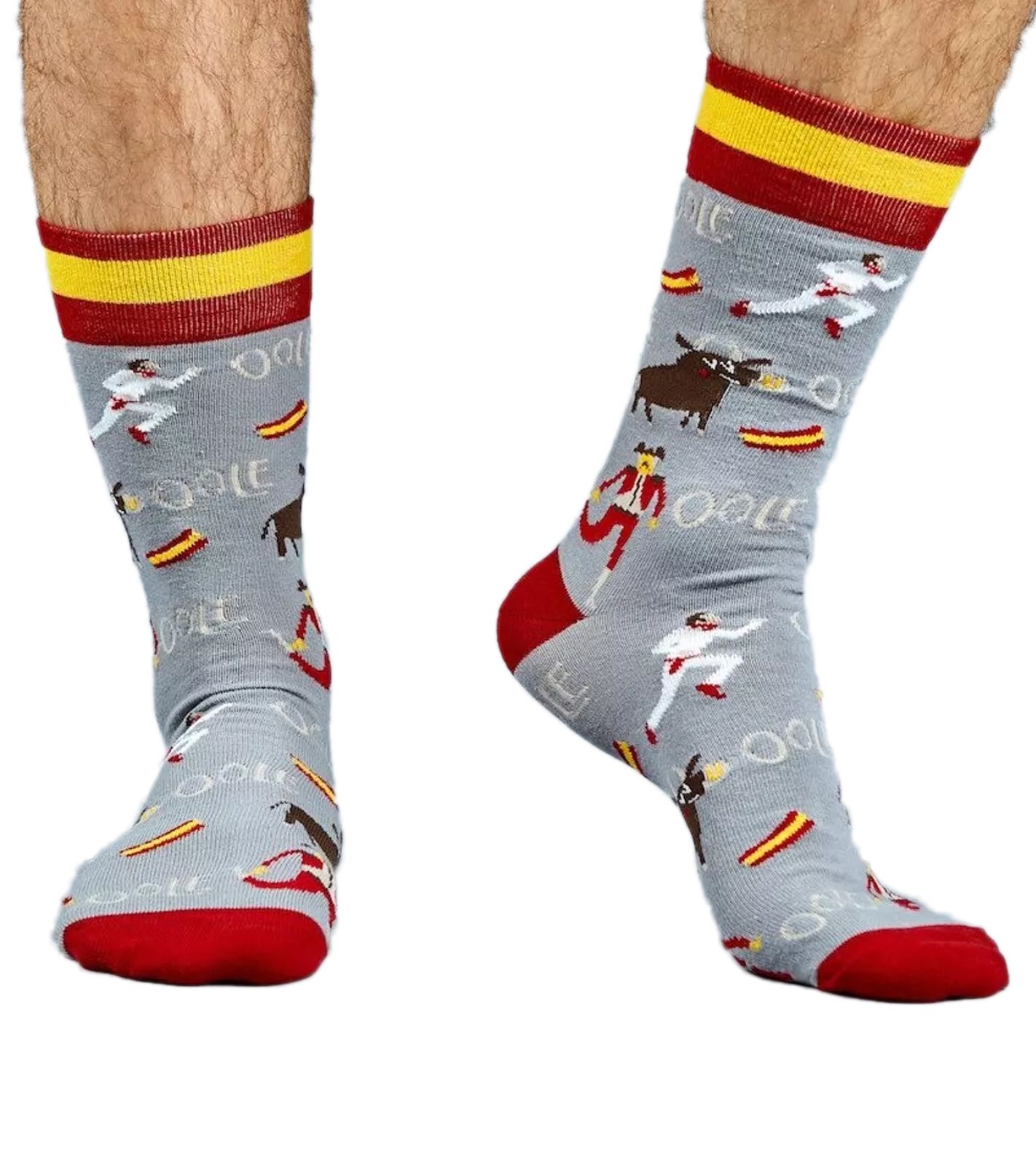 1 Paar Moustard San Fermin Baumwoll-Socken mit Stierkampf-Symbolen und Spanien-Flagge am Bund gemusterte lange Strümpfe 17SSFER Grau/Rot/Gelb