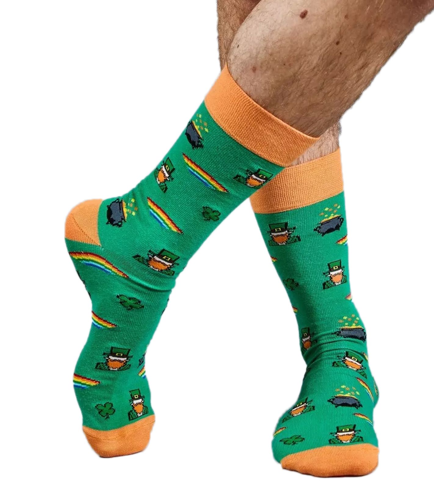 1 Paar Moustard St. Patrick's Herren Baumwoll-Socken mit Regenbogen und Gold-Topf Allover-Print gemusterte lange Strümpfe 17S-SPATR Grün/Orange/Weiß