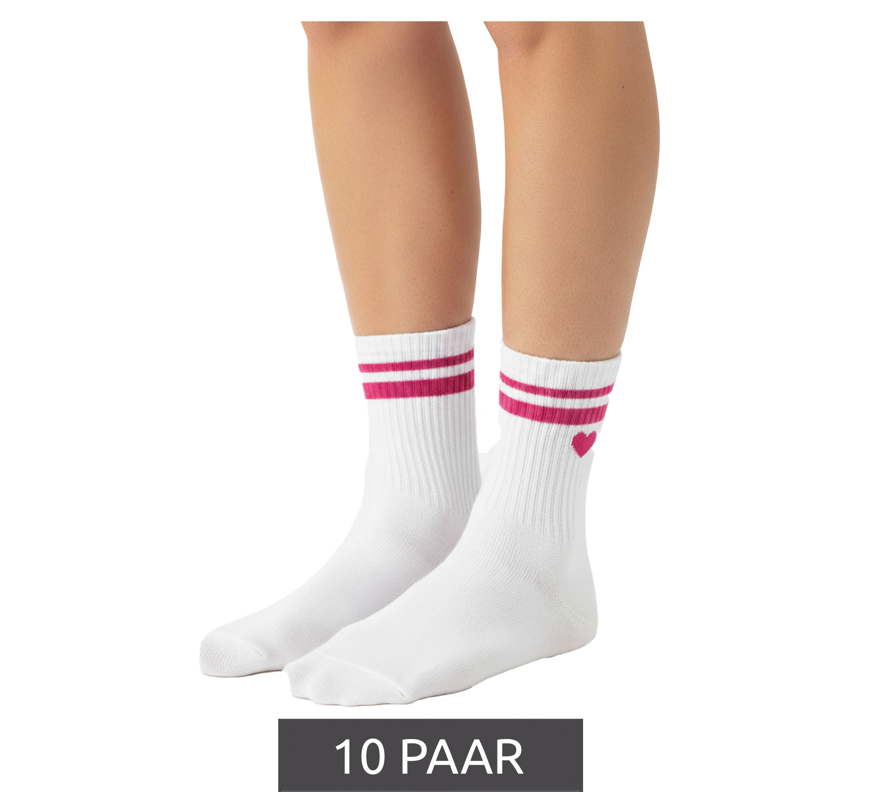 10 Paar bequeme ZWILLINGSHERZ Damen Socken Tennis-Socken mit Herz-Stickerei Alltags-Strümpfe Baumwoll-Socken 4603S K248141 Weiß/Pink