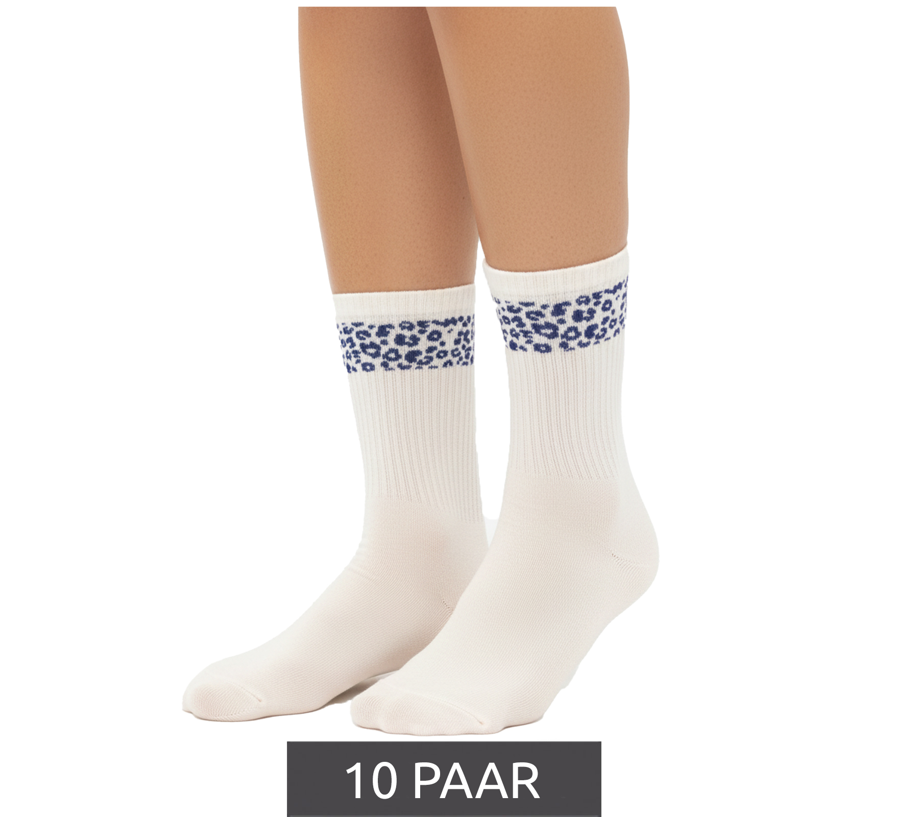 10 Paar bequeme ZWILLINGSHERZ Damen Socken Tennis-Socken mit Leoparden-Muster Alltags-Strümpfe Baumwoll-Socken 4603S K248144 Weiß/Blau