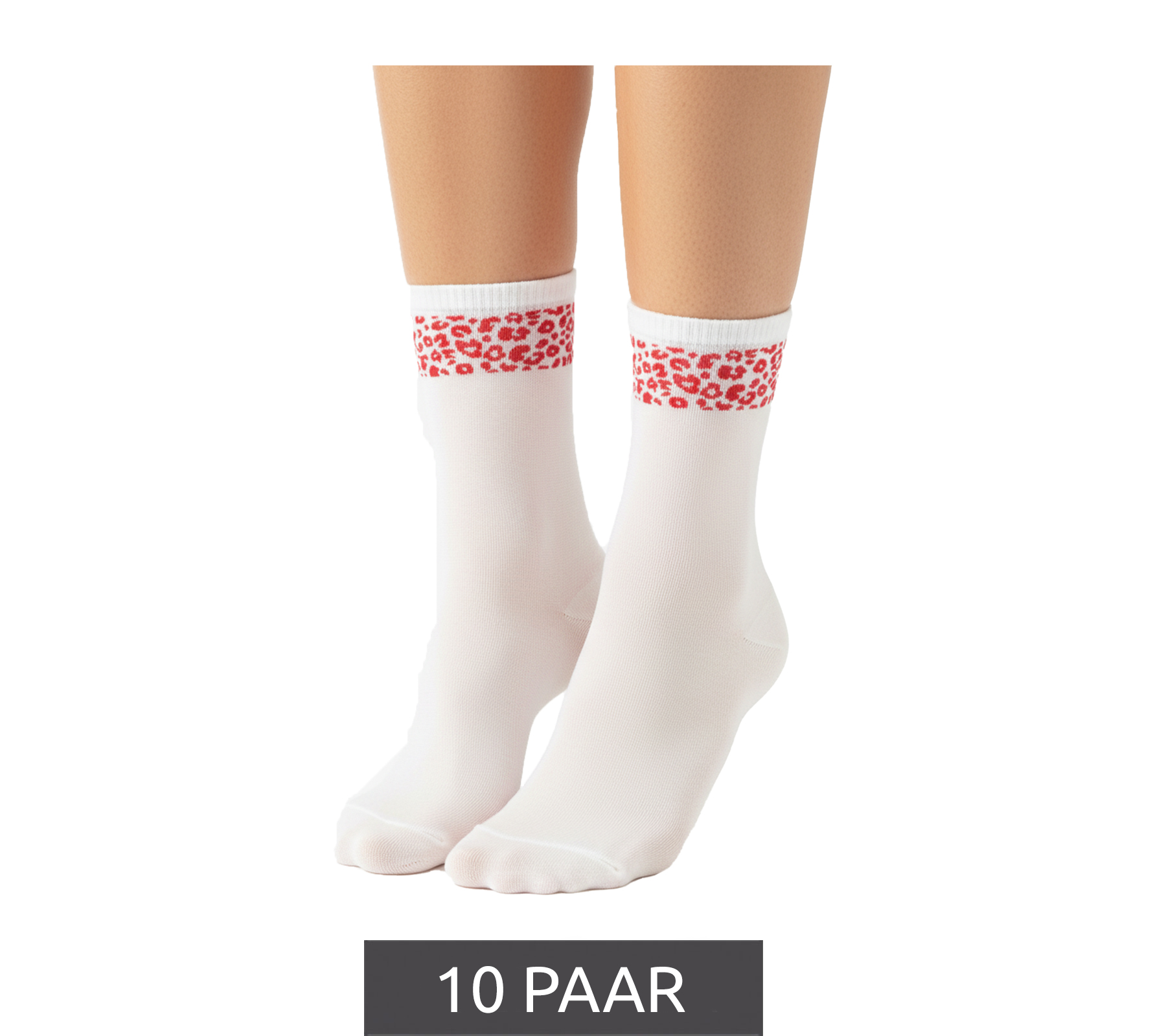 10 Paar bequeme ZWILLINGSHERZ Damen Socken Tennis-Socken mit Leoparden-Muster Alltags-Strümpfe Baumwoll-Socken 4603S K248144 Weiß/Rot