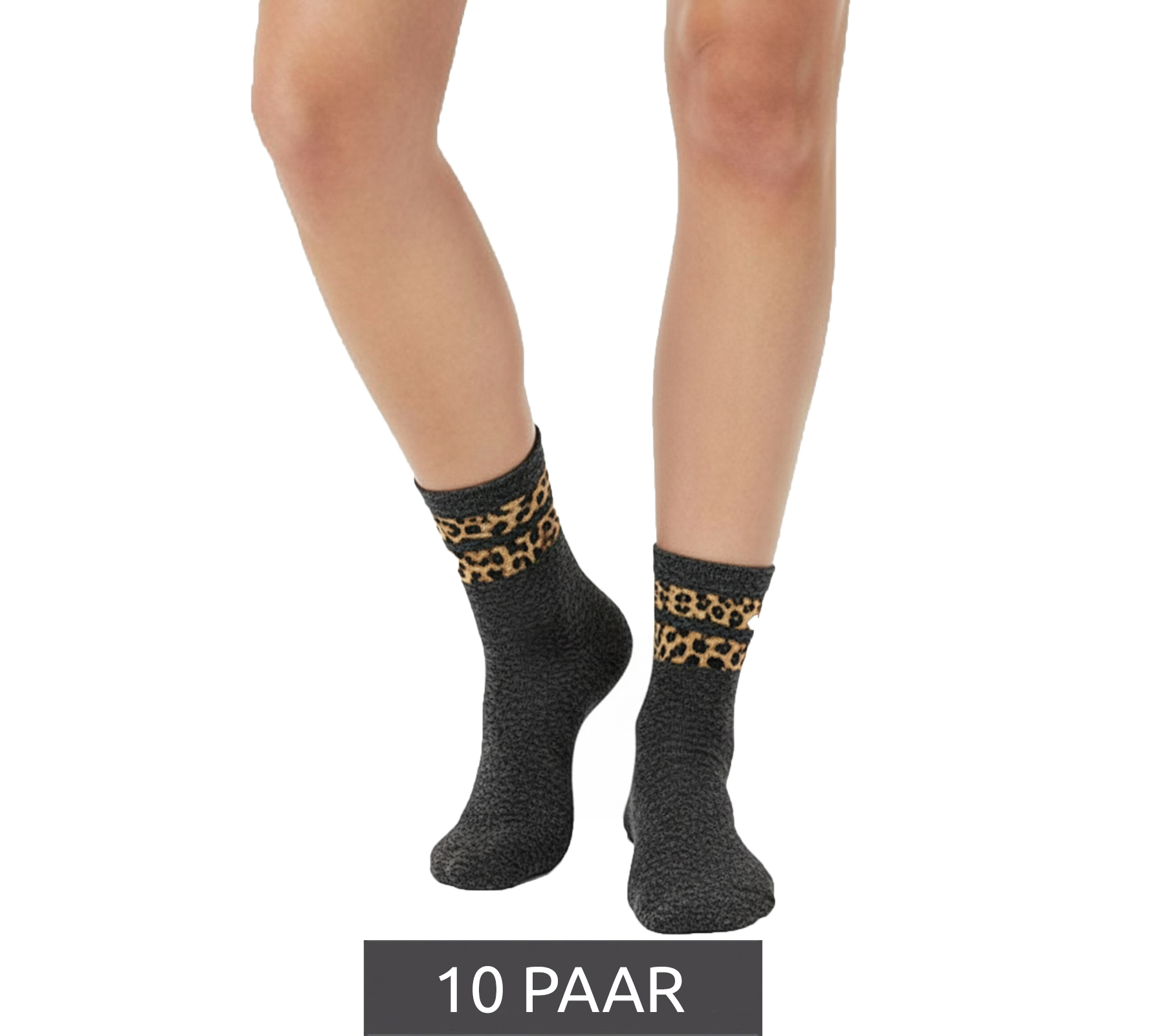 10 Paar bequeme ZWILLINGSHERZ Damen Socken Tennis-Socken mit Leoparden-Muster Alltags-Strümpfe Baumwoll-Socken 4603S K258183 Grau/Braun