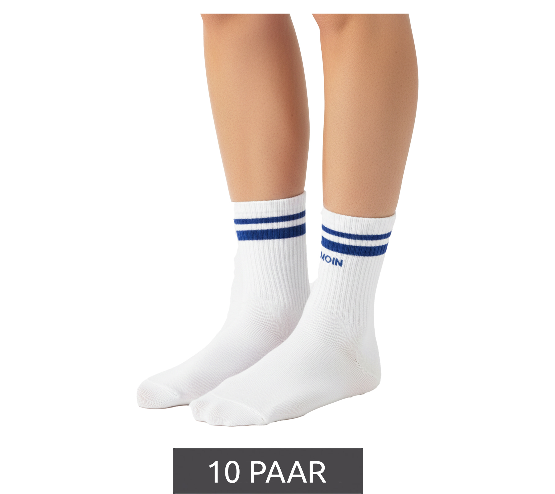 10 Paar bequeme ZWILLINGSHERZ Damen Socken Tennis-Socken mit MOIN-Stickerei Alltags-Strümpfe Baumwoll-Socken 4603S K248142 Weiß/Blau