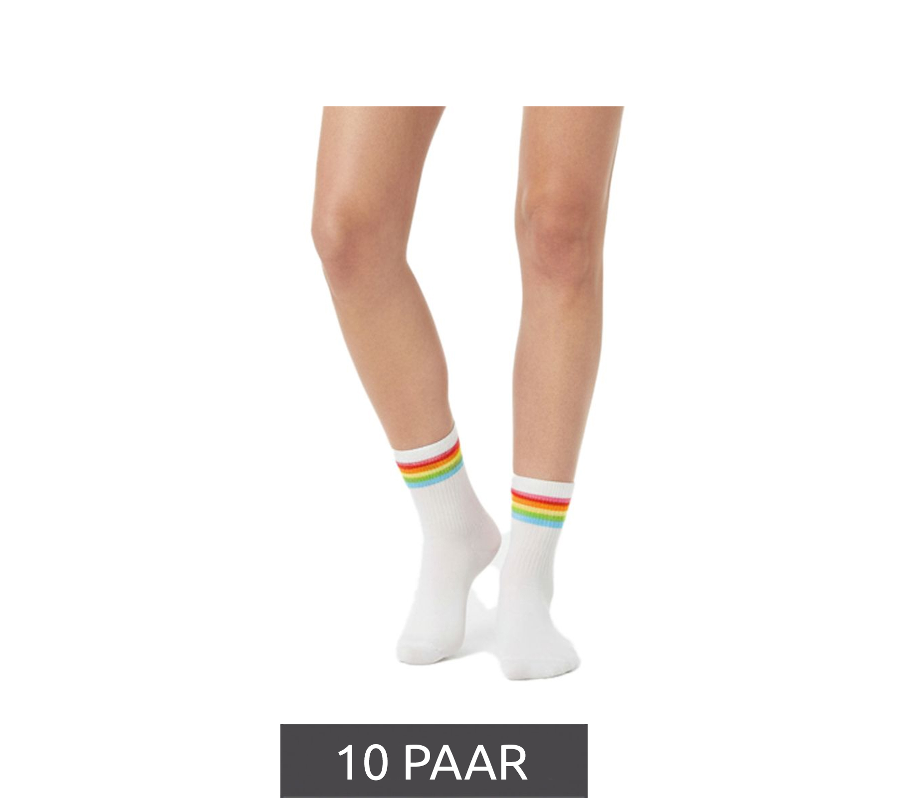 10 Paar bequeme ZWILLINGSHERZ Damen Socken Tennis-Socken mit Regenbogen Alltags-Strümpfe Baumwoll-Socken 4603S K248143 Weiß/Pink/Blau/Grün/Orange/Gelb