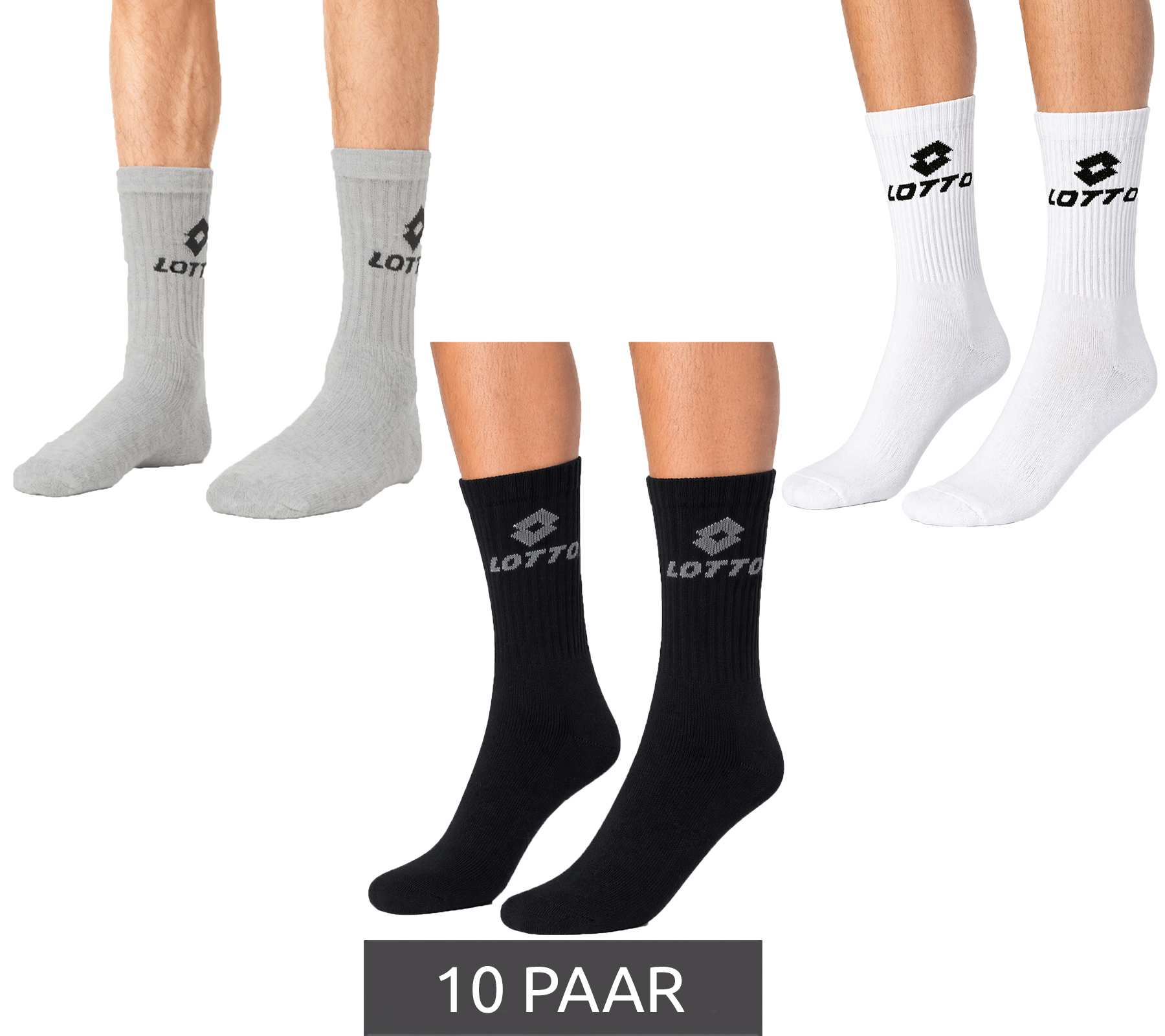 10 Paar LOTTO Sport-Socken Damen und Herren Trainings-Socken Tennis-Strümpfe Baumwoll-Socken Weiß, Grau oder Schwarz