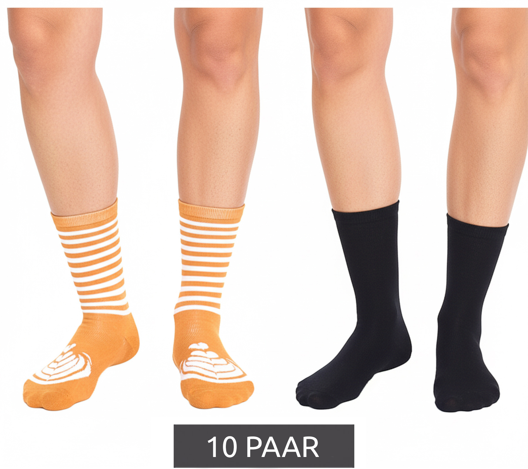 10 Paar TASTIQ Baumwoll-Socken mit Latte Macchiato-Print Weihnachts-Geschenk für Kaffee-Liebhaber lange Strümpfe in stylischer Kaffeebecher-Geschenkbox TAS/1/CSX2/LAT Braun/Schwarz