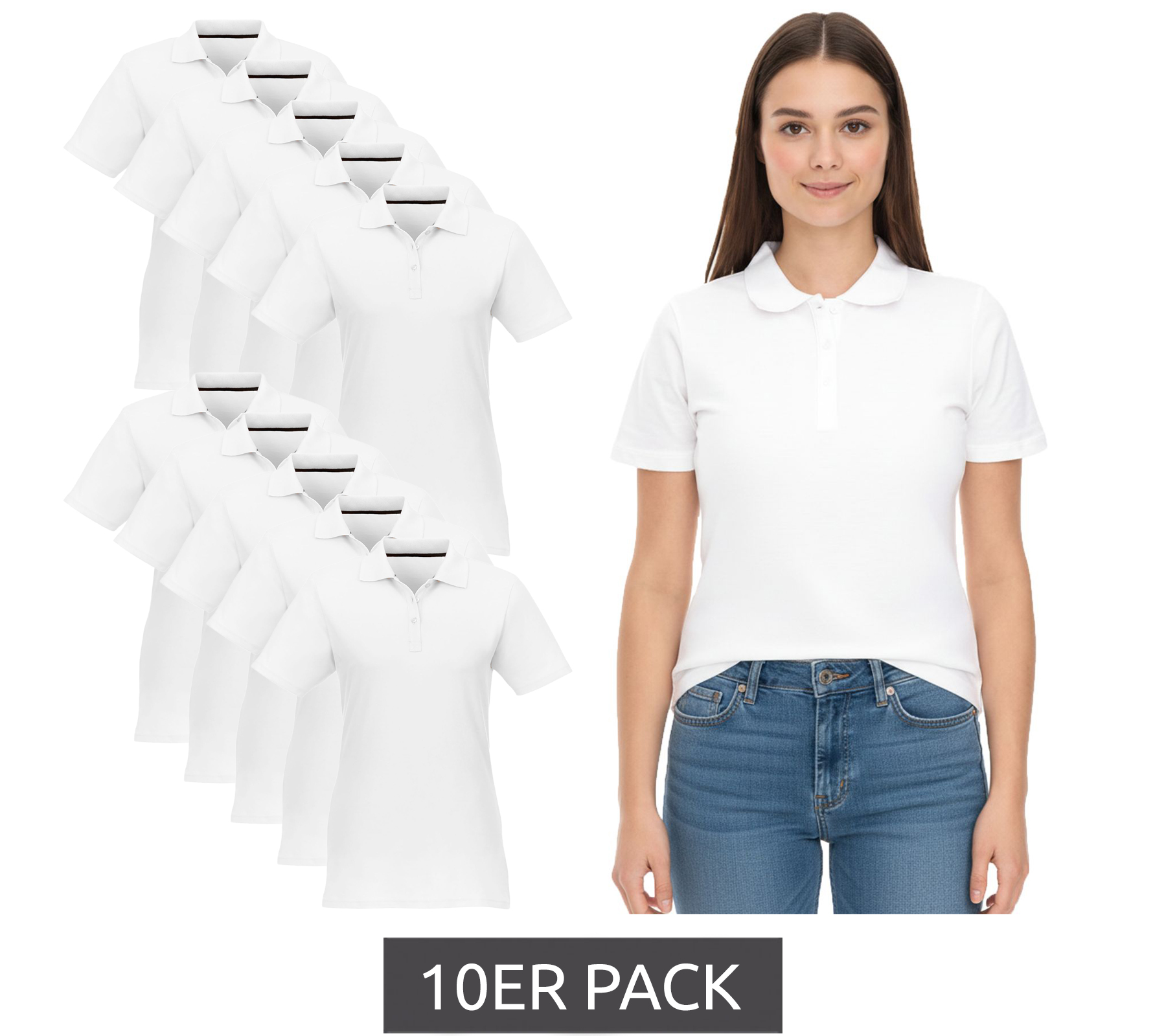 10er Pack ELEVATE Helios Damen Polo-Shirt Baumwolle Polo-Hemd Pique-Strick 180 g/m² Sparpack 3810701 Weiß