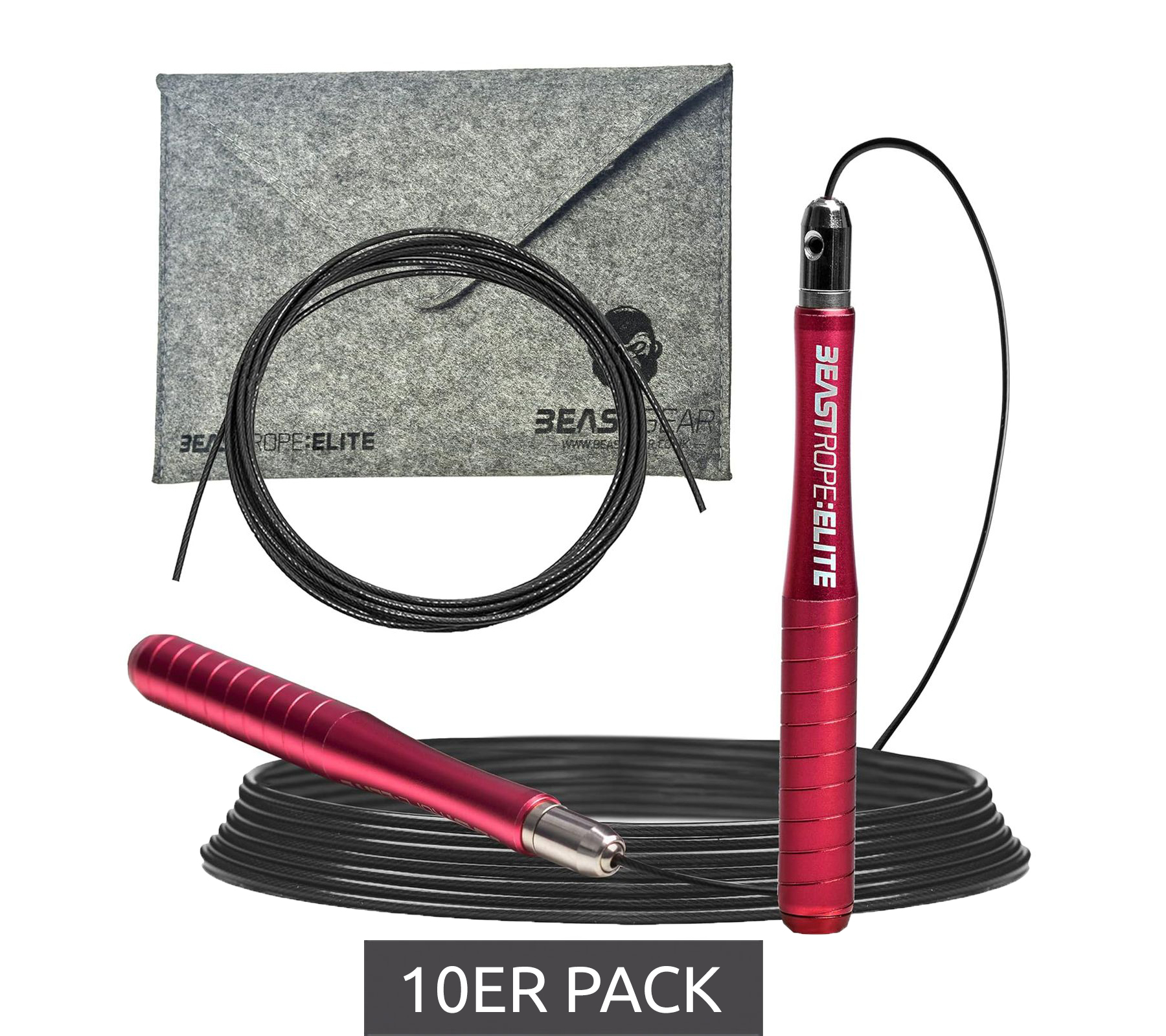10er Sparpack BEASTGEAR Elite Premium-Aluminium-Springseil 3m Speed-Fitness-Springseil für fortgeschrittene Fitness Boxen, MMA, HIIT, Krafttraining und Double Unders Workout Rot/Schwarz