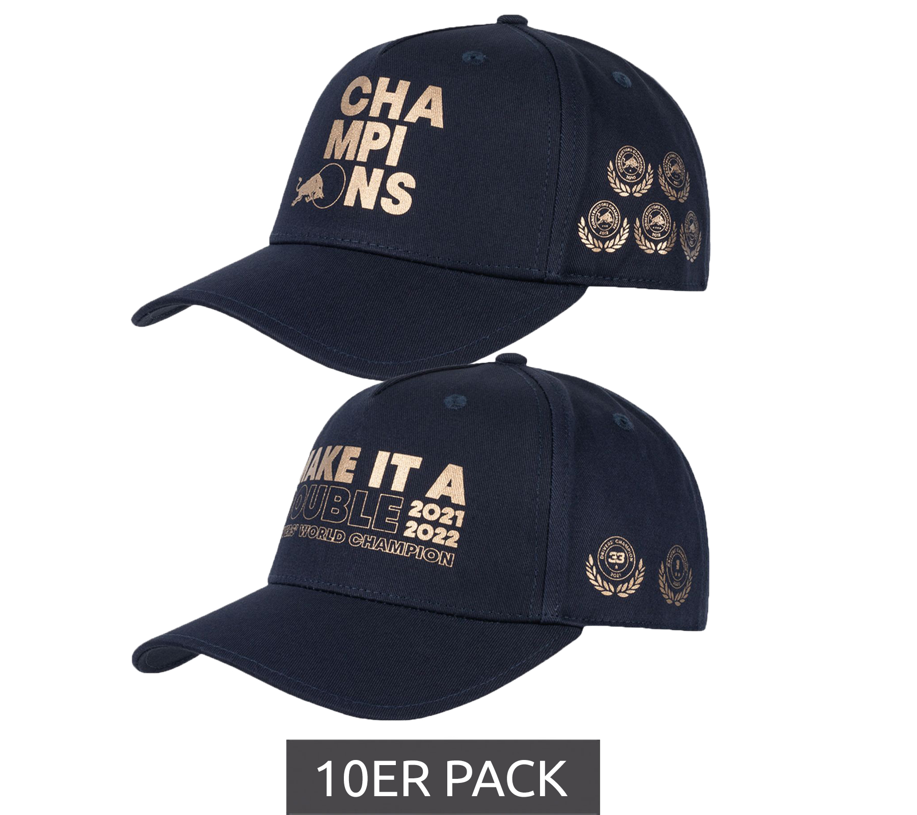 10er Sparpack Oracle Red Bull Racing x Verstappen FW 2022 Champions Meisterschafts-Cap "Make it a double" oder "Champions" Navy