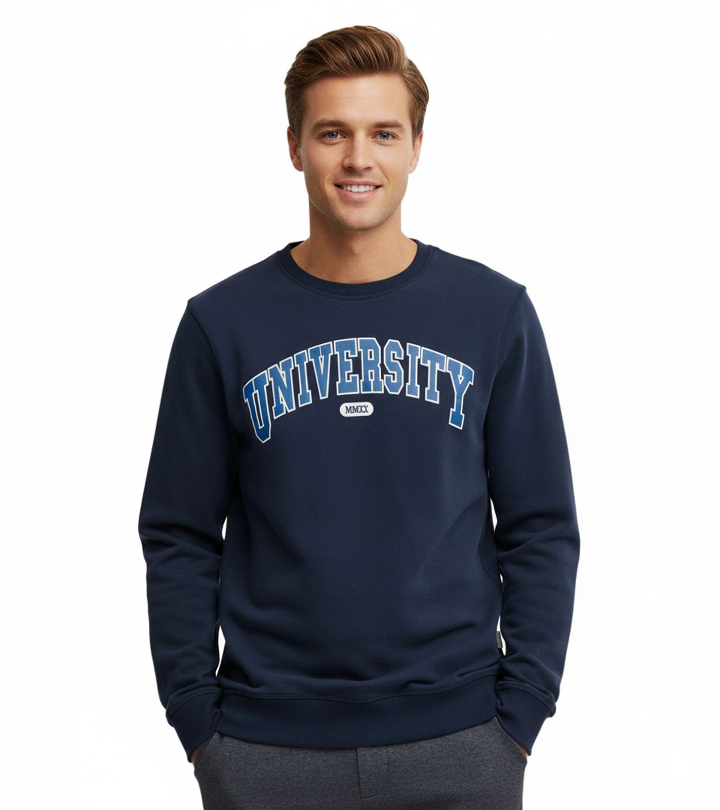 11 PROJECT Davin Herren Sweater mit UNIVERSITY Frontprint Baumwoll-Sweatshirt 20715943 194024 Dunkelblau