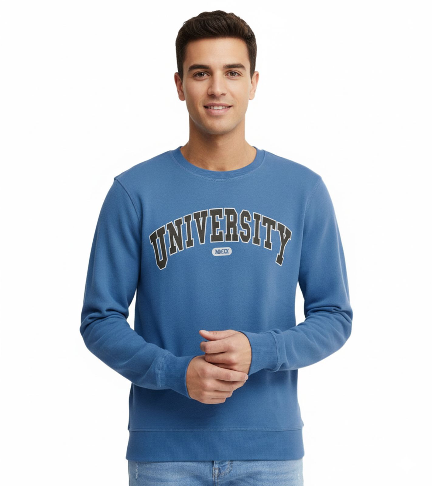 11 PROJECT Davin Herren Sweater mit UNIVERSITY Frontprint Baumwoll-Sweatshirt 20715943 194039 Blau