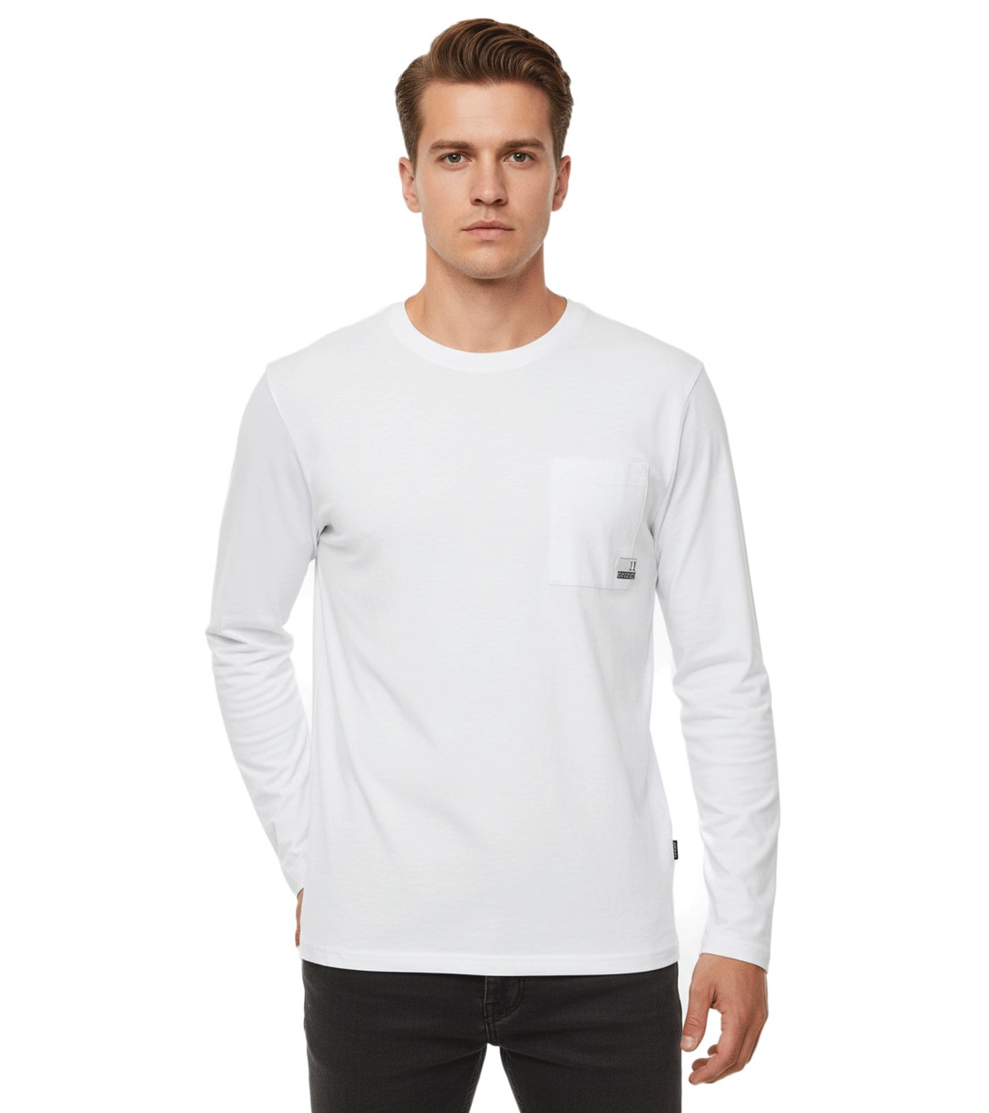 11 PROJECT Emilio Herren Longsleeve Basic-Shirt mit Rundhals-Ausschnitt Baumwoll-Shirt 21300996ME 110601 Weiß