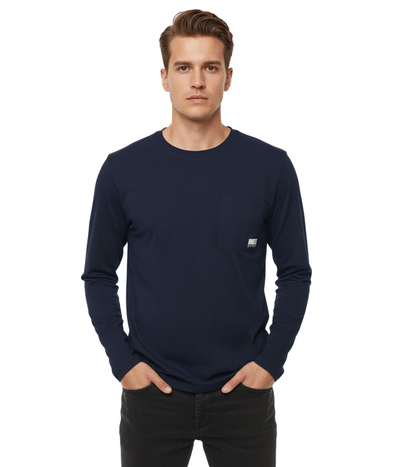 11 PROJECT Emilio Herren Longsleeve Basic-Shirt mit Rundhals-Ausschnitt Baumwoll-Shirt 21300996ME 194010 Blau