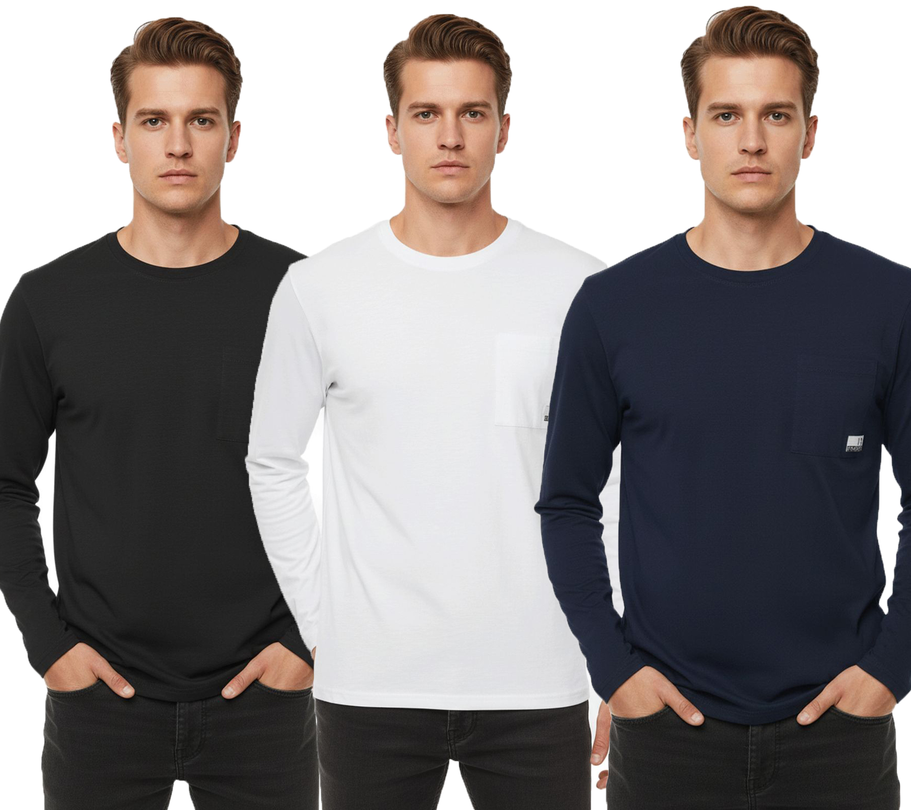 11 PROJECT Emilio Herren Longsleeve Basic-Shirt mit Rundhals-Ausschnitt Baumwoll-Shirt 21300996ME Blau, Weiß oder Schwarz