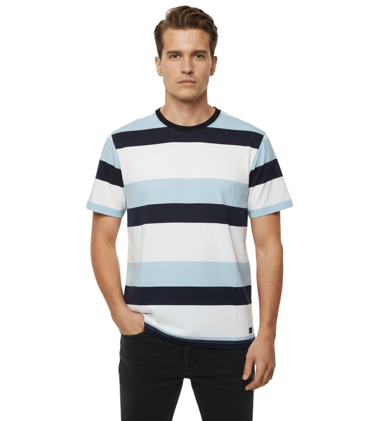 11 PROJECT Frankie Herren Baumwoll-Shirt T-Shirt Colour-Blocking Sommer-Shirt 21301046 194010 Blau/Weiß