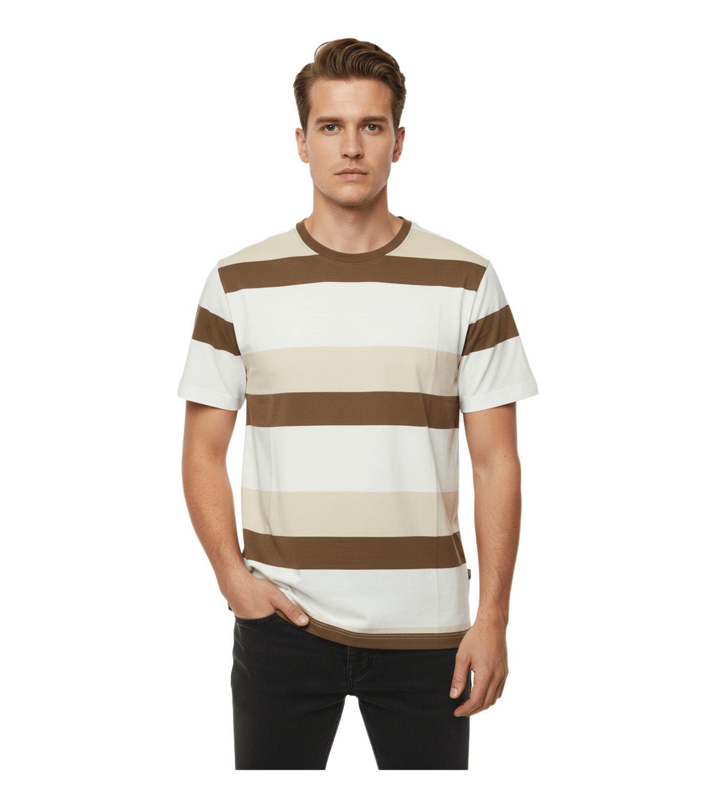 11 PROJECT Frankie Herren Baumwoll-Shirt T-Shirt Colour-Blocking Sommer-Shirt 21301046ME 181016 Braun/Weiß