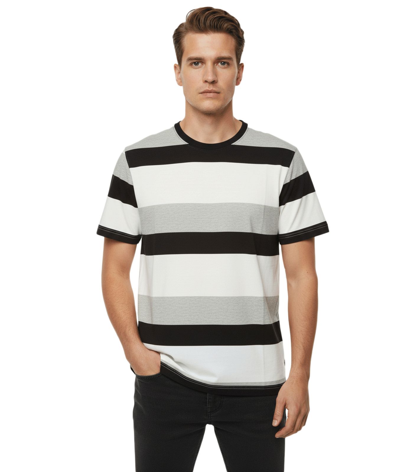 11 PROJECT Frankie Herren Baumwoll-Shirt T-Shirt Colour-Blocking Sommer-Shirt 21301046ME 194008 Schwarz/Weiß/Grau