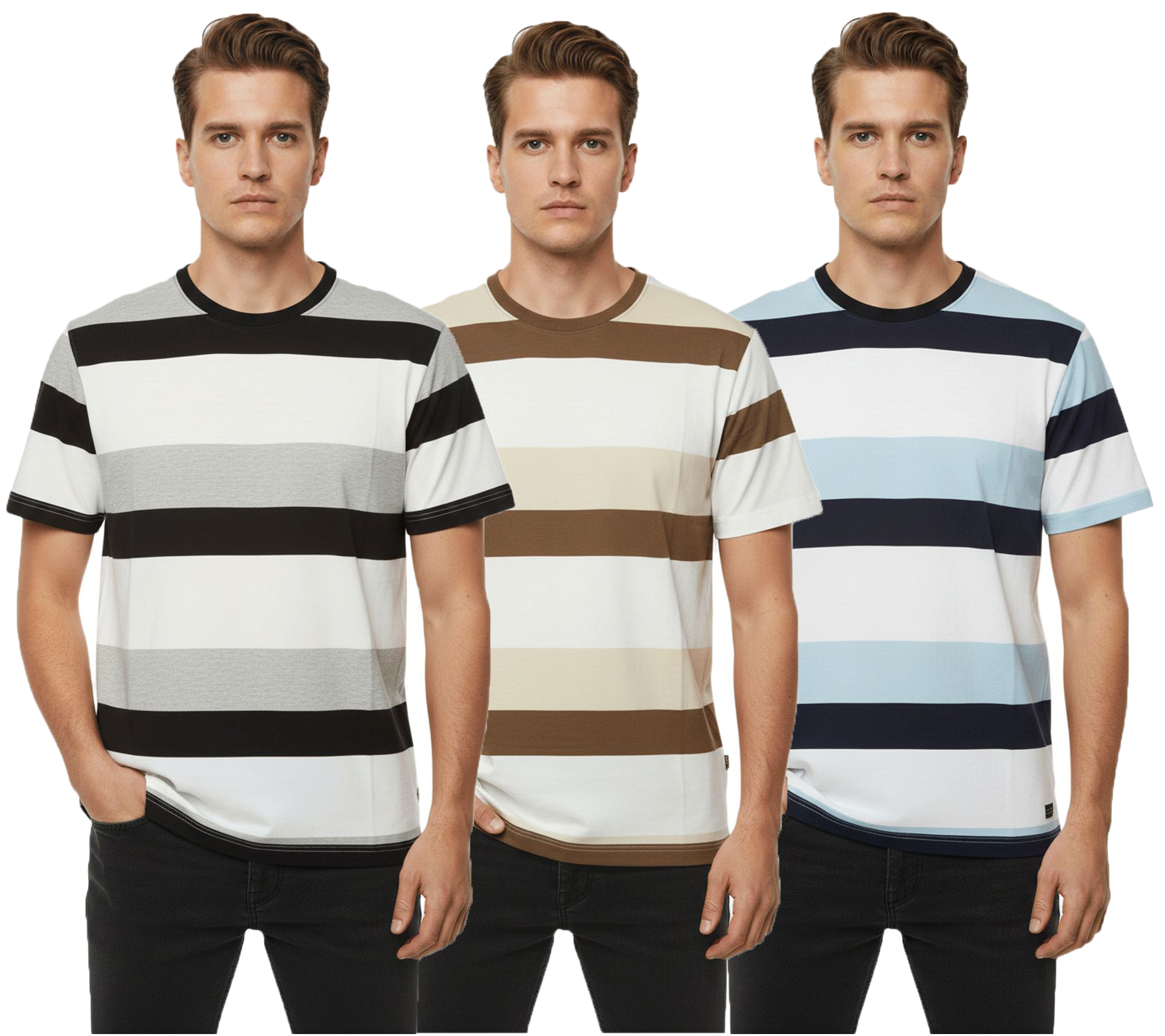 11 PROJECT Frankie Herren Baumwoll-Shirt T-Shirt Colour-Blocking Sommer-Shirt 21301046ME Braun/Weiß, Blau/Weiß oder Schwarz/Weiß