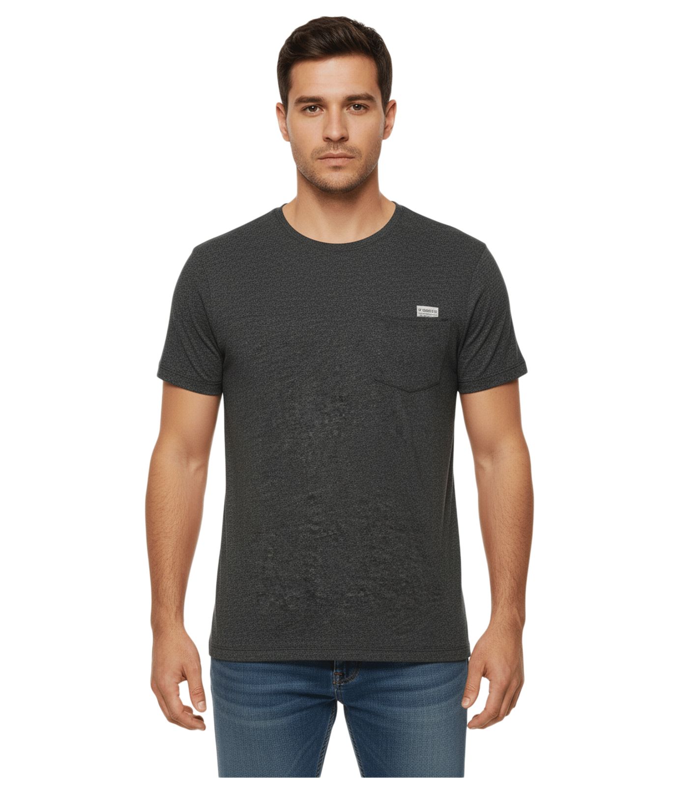 11 PROJECT Santo Herren Baumwoll-Shirt T-Shirt meliertes Sommer-Shirt mit Brusttasche 20715236 ME 194007 Schwarz