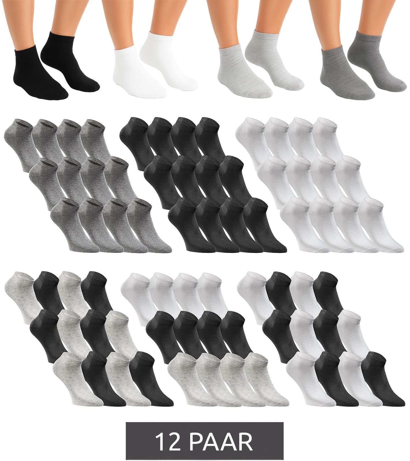 12 Paar JACK & JONES Short Sock Sneaker-Socken Sport-Strümpfe Baumwoll Quarter-Socken 12260511 in Schwarz, Grau, Weiß oder im Mix