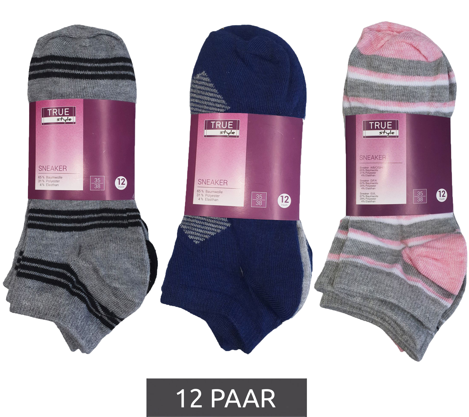 12 Paar TRUE style Baumwoll-Strümpfe mit Komfortbund nachhaltige Sneaker-Socken mit verschiedenen Mustern Pink, Blau oder Schwarz