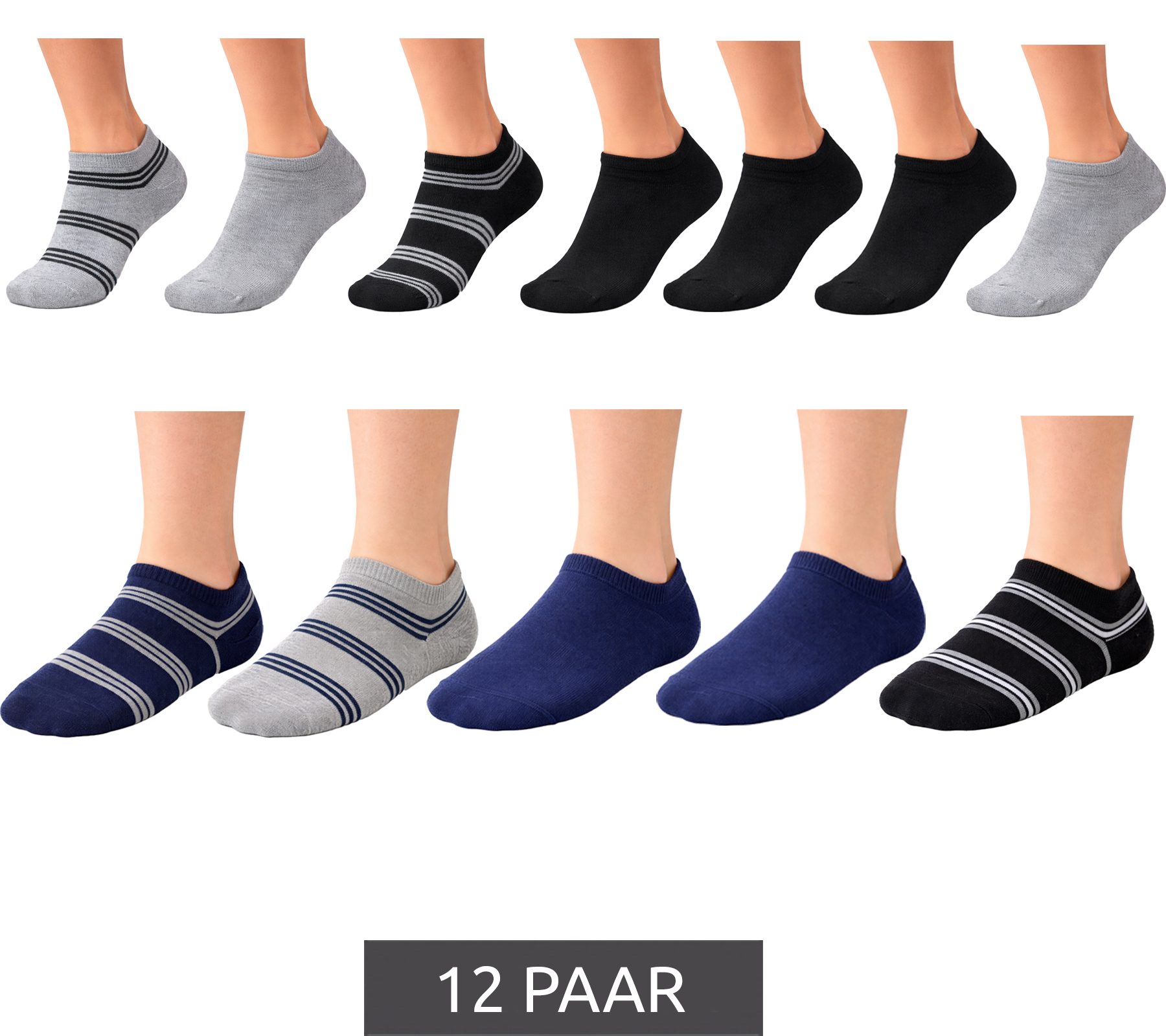 12 Paar TRUE style Baumwoll-Strümpfe mit Komfortbund nachhaltige Sneaker-Socken mit verschiedenen Mustern Schwarz/Grau/Blau