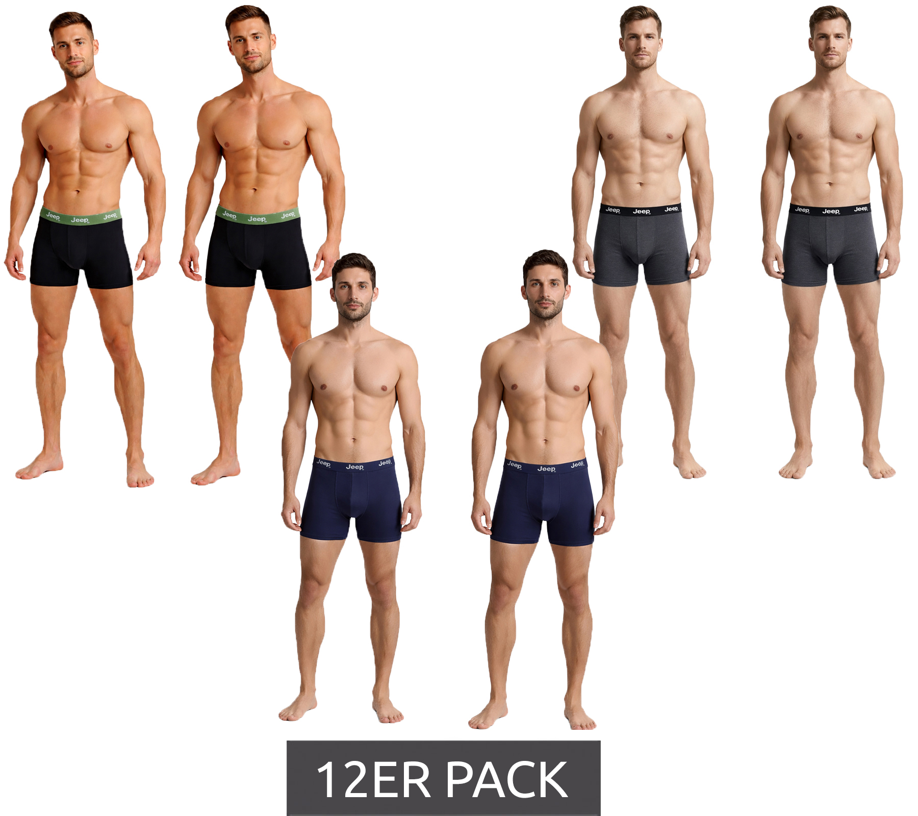 12er Pack Jeep Basic Boxer Herren Boxer-Shorts Baumwoll-Unterhose Unterwäsche I101545-001 Schwarz, Dunkelgrau oder Dunkelblau