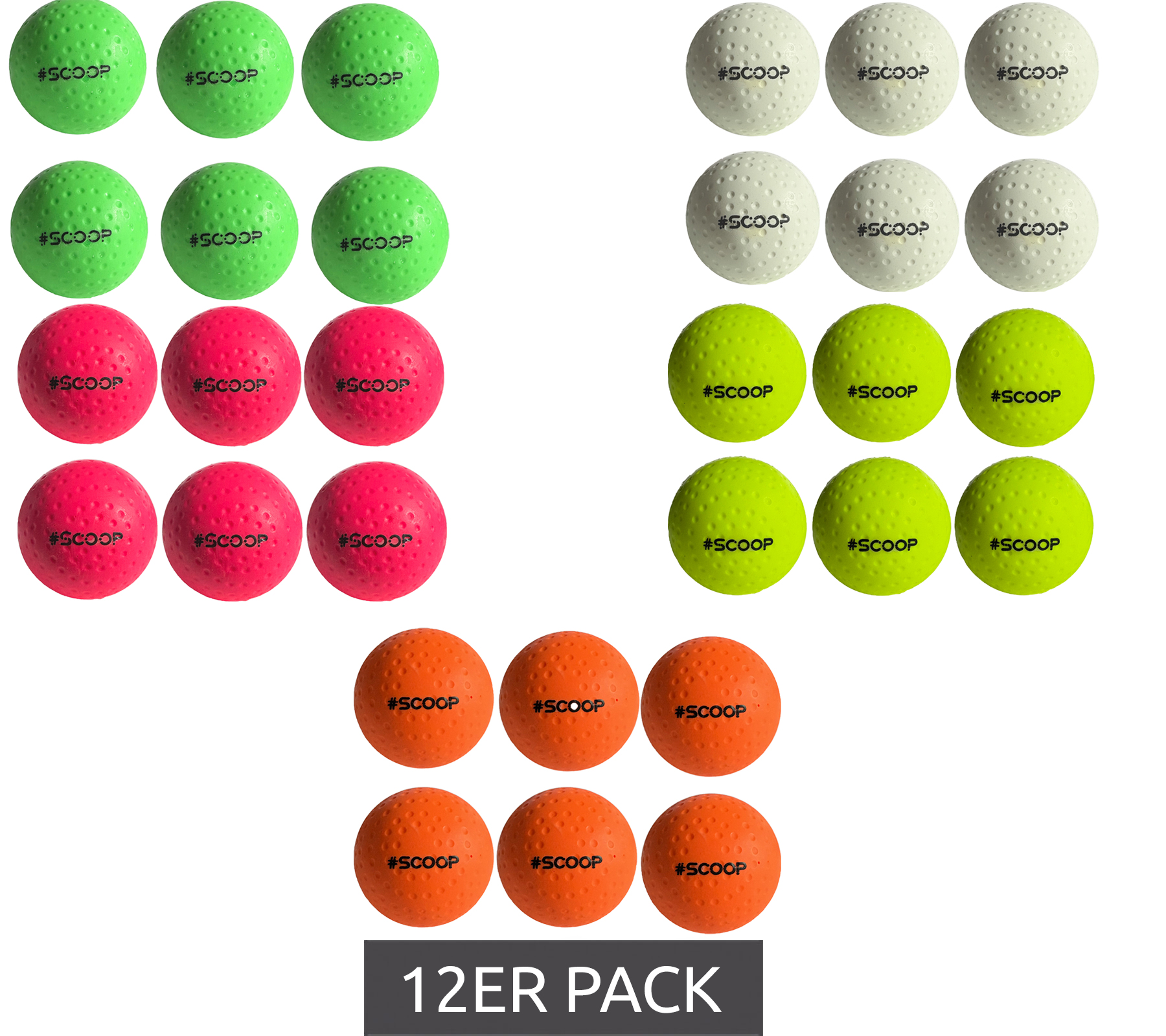 12er Sparpack SCOOP X-Treme Hockey Street-Balls mit Dimple-Design Hockeyball Sport-Ausrüstung Weiß, Grün, Pink, Gelb oder Orange