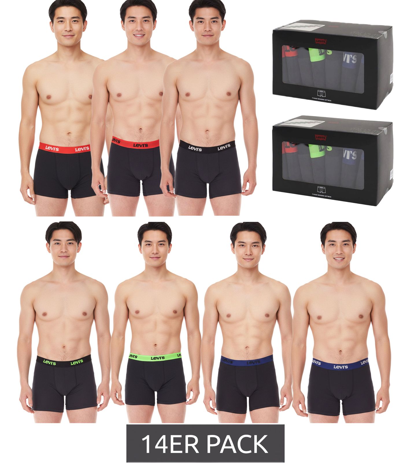 14er Pack LEVI`S Herren Boxershorts Baumwoll-Unterwäsche mit farblichen Akzenten am Bund in Geschenkbox 701225625 001 Schwarz/Grün/Blau/Rot