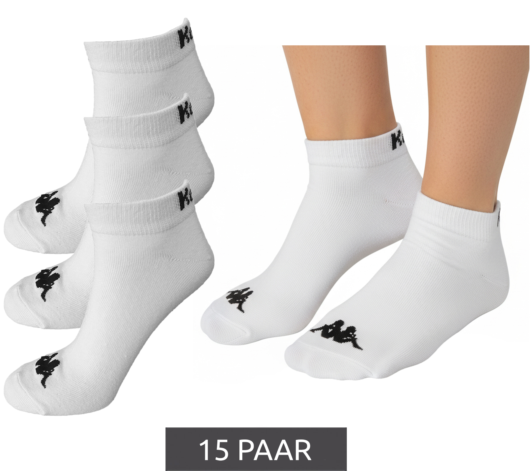15 Paar Kappa Sportsocken Sneaker-Socken Baumwoll-Strümpfe mit Logo 3112YCW A00 Weiß