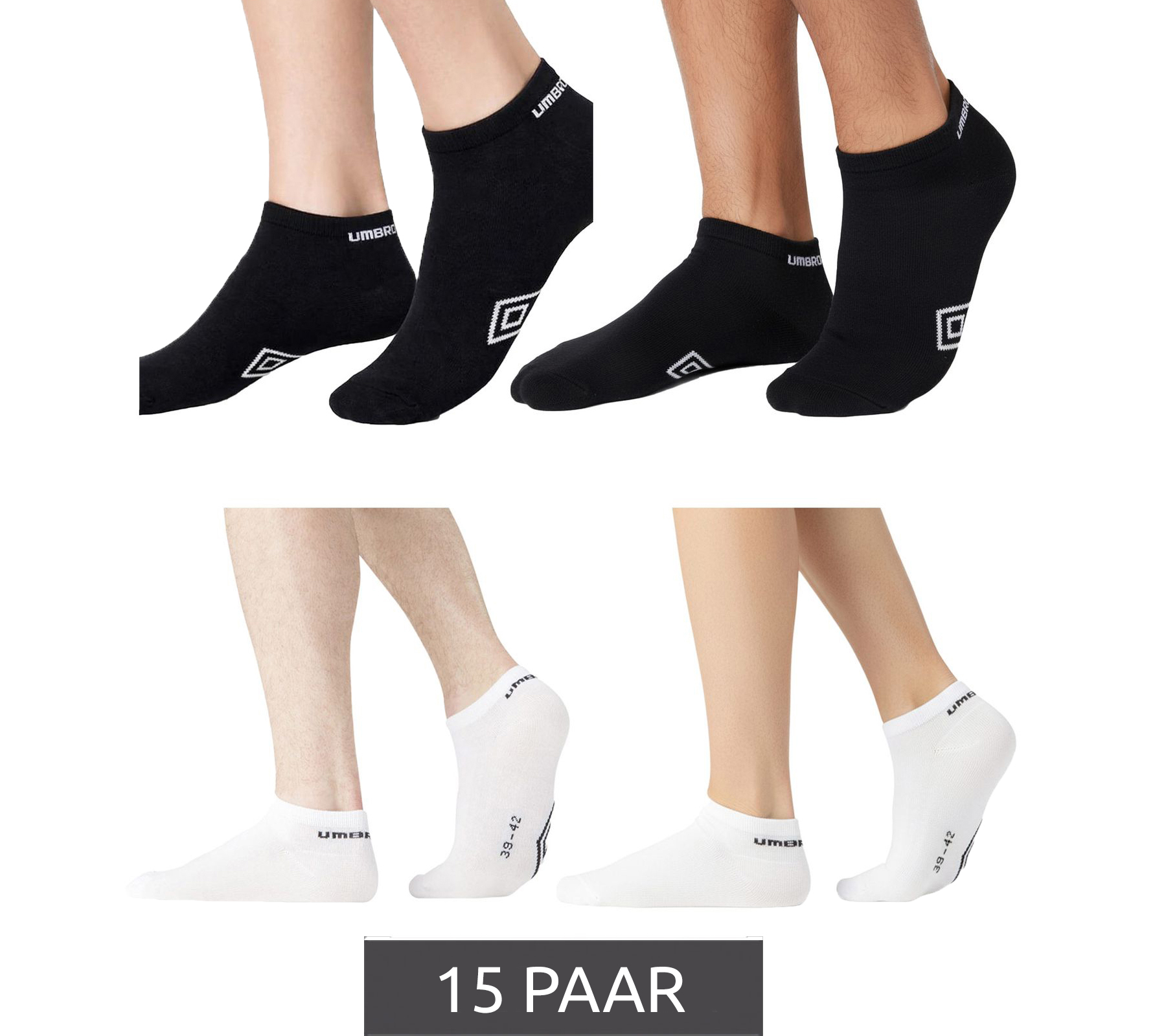 15 Paar umbro Herren und Damen Sport Socks Sneaker-Socken Strümpfe Oeko-Tex Standard 100 in Schwarz oder Weiß