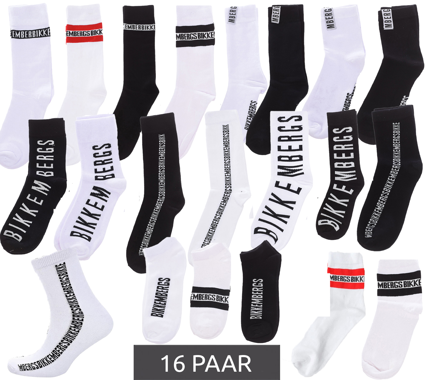 16 Paar BIKKEMBERGS Damen Baumwoll-Socken mit kleinem Markenschriftzug im Sparpack Strümpfe Sneaker-Socken Weiß/Schwarz/Rot