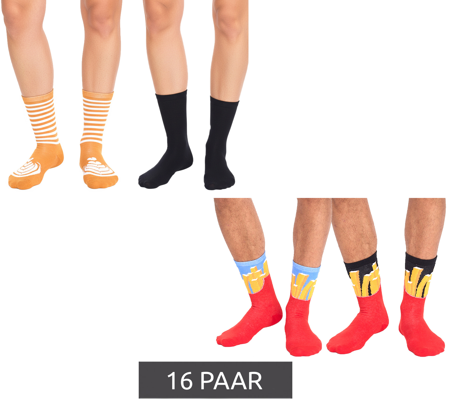 16 Paar TASTIQ Baumwoll-Socken mit Print lange Strümpfe in Geschenkbox TAS/1/CSX2 mit Pommesdruck oder mit Latte Macchiato Print