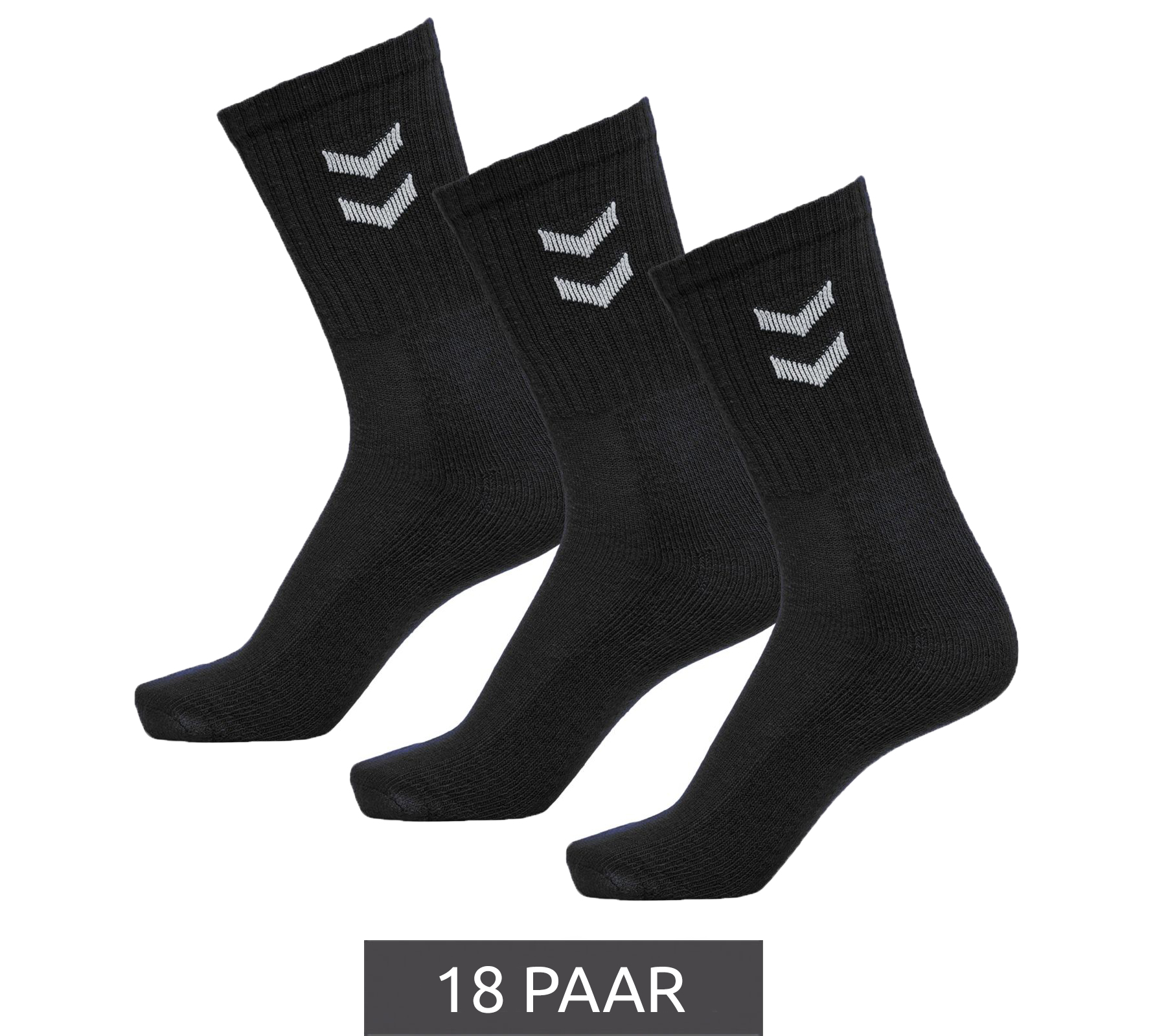 18 Paar hummel Basic Damen Crew-Socken mit Kontrastwinkel Kinder Baumwoll-Strümpfe Sport-Socken 022030-2001 Schwarz