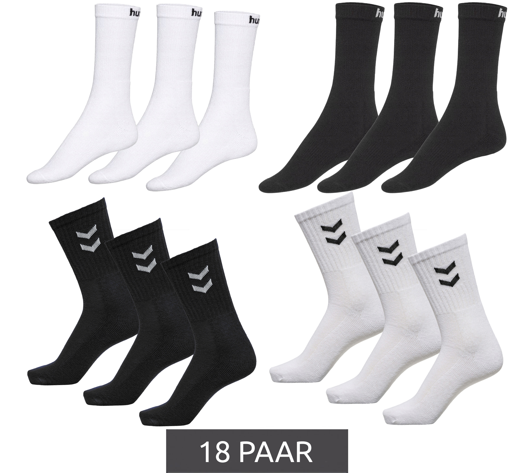 18 Paar hummel Basic Sport-Socken Baumwoll-Strümpfe Alltags-Socken mit Marken-Schriftzug 205603 oder Kontrastwinkel 022030 in Weiß oder Schwarz